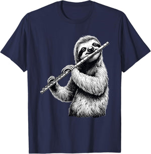 Sloth Playing Flute Flutist Player Instrument Musician T-Shirt - T-Shirt | Navy