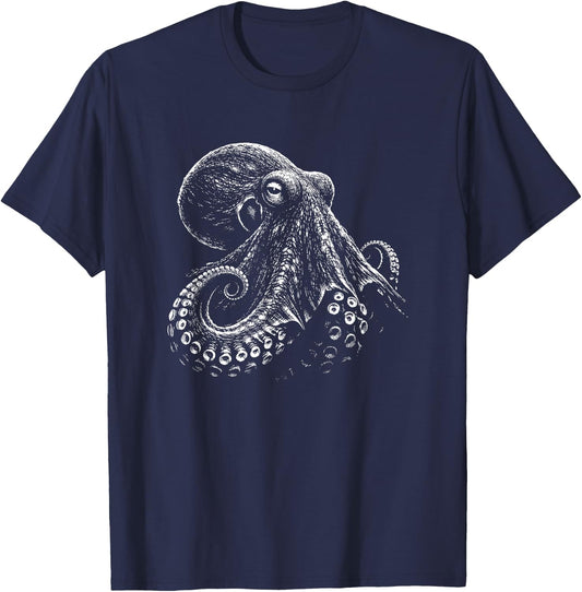 Octopus Portrait Black and White Animal Lover T-Shirt - T-Shirt | Navy
