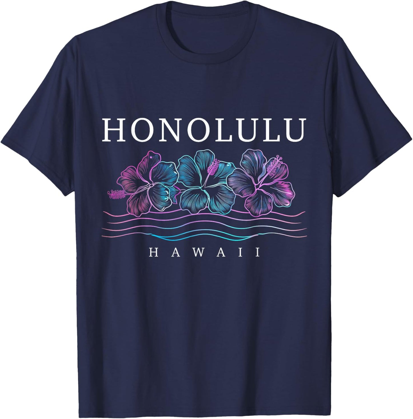 Honolulu Hawaii Hawaiian Hibiscus Flowers Surfer Souvenir T-Shirt - T-Shirt | Navy