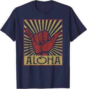 Aloha Hawaiian Hawaii Vintage Distressed Shaka Sign T-Shirt - T-Shirt | Navy