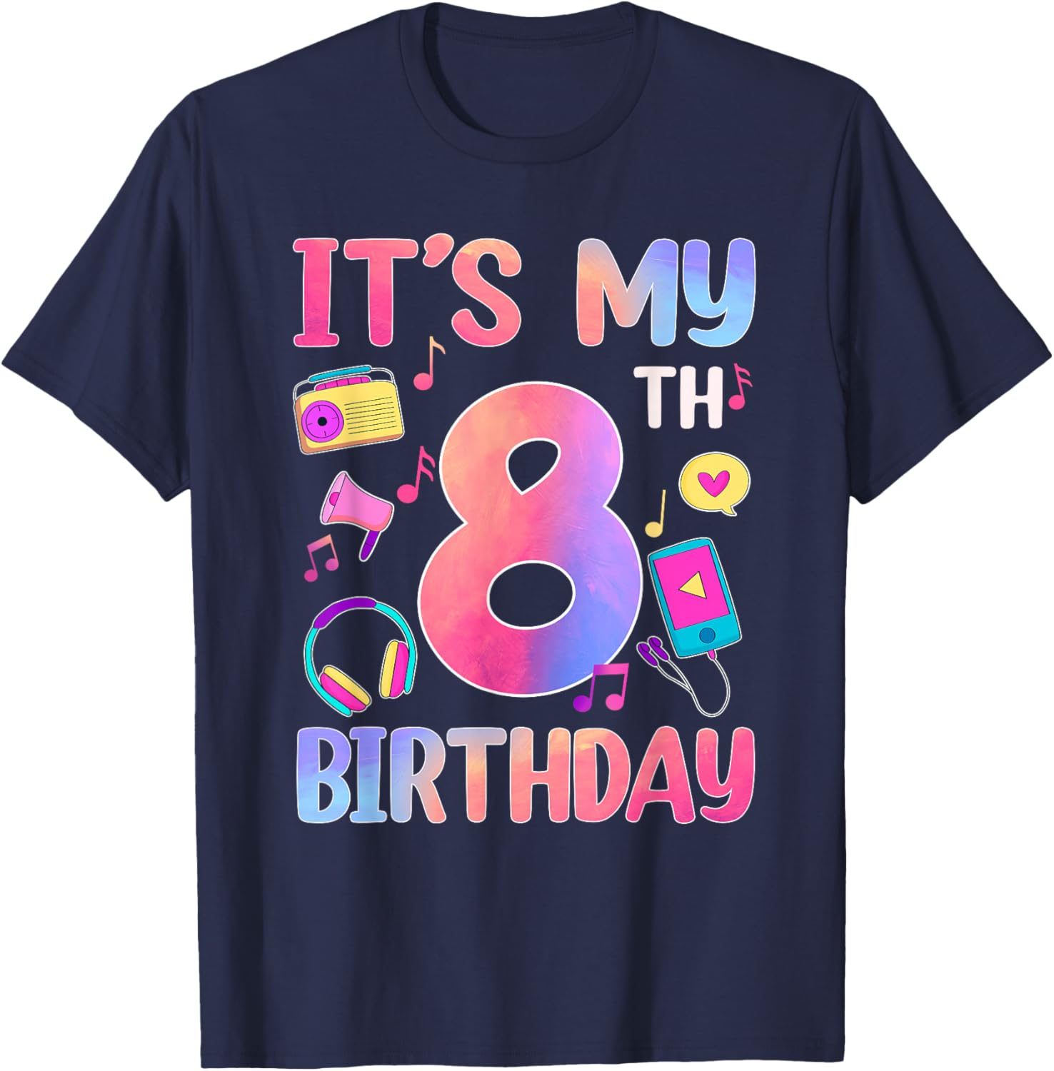 8 Years Old Music Lover 8th Birthday Music Theme Party T-Shirt - T-Shirt | Navy