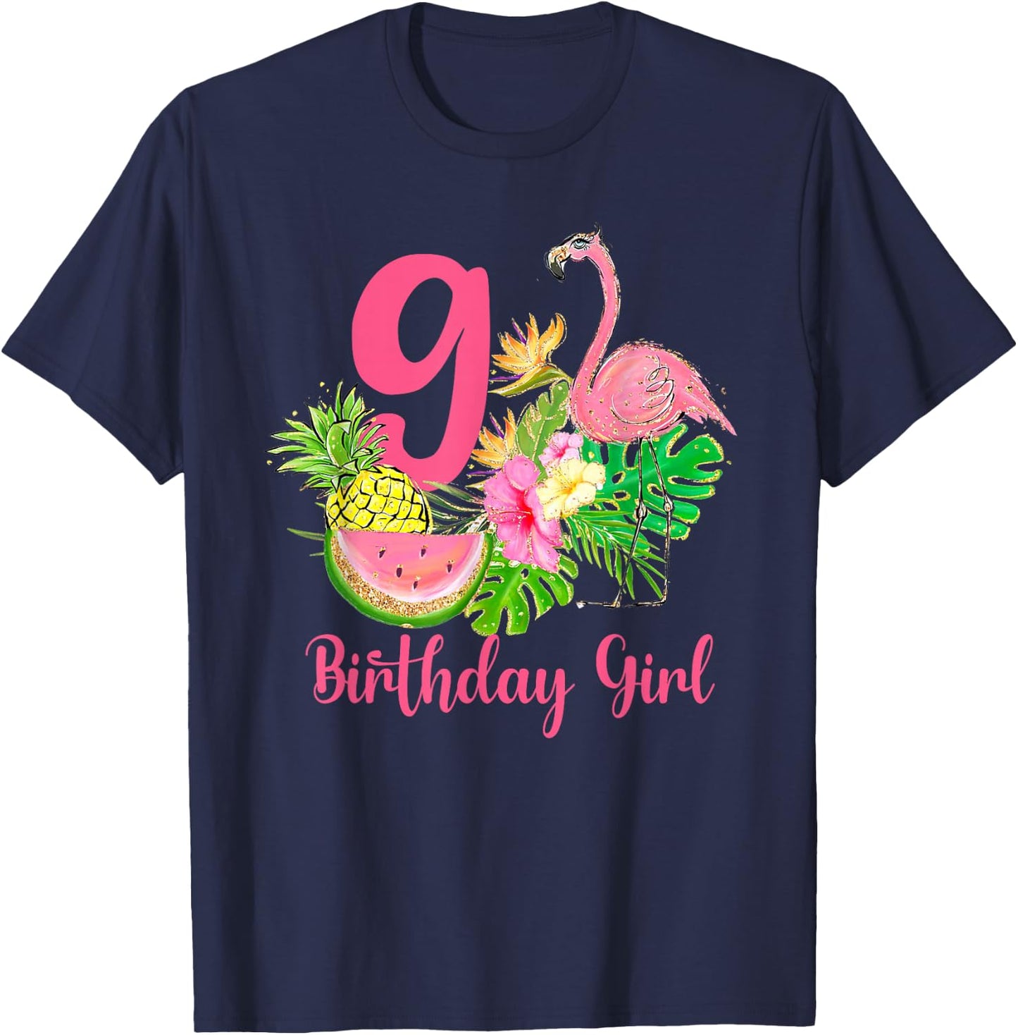 9th Birthday Tropical Flamingo Hawaii 9 Year Old Girl T-Shirt - T-Shirt | Navy
