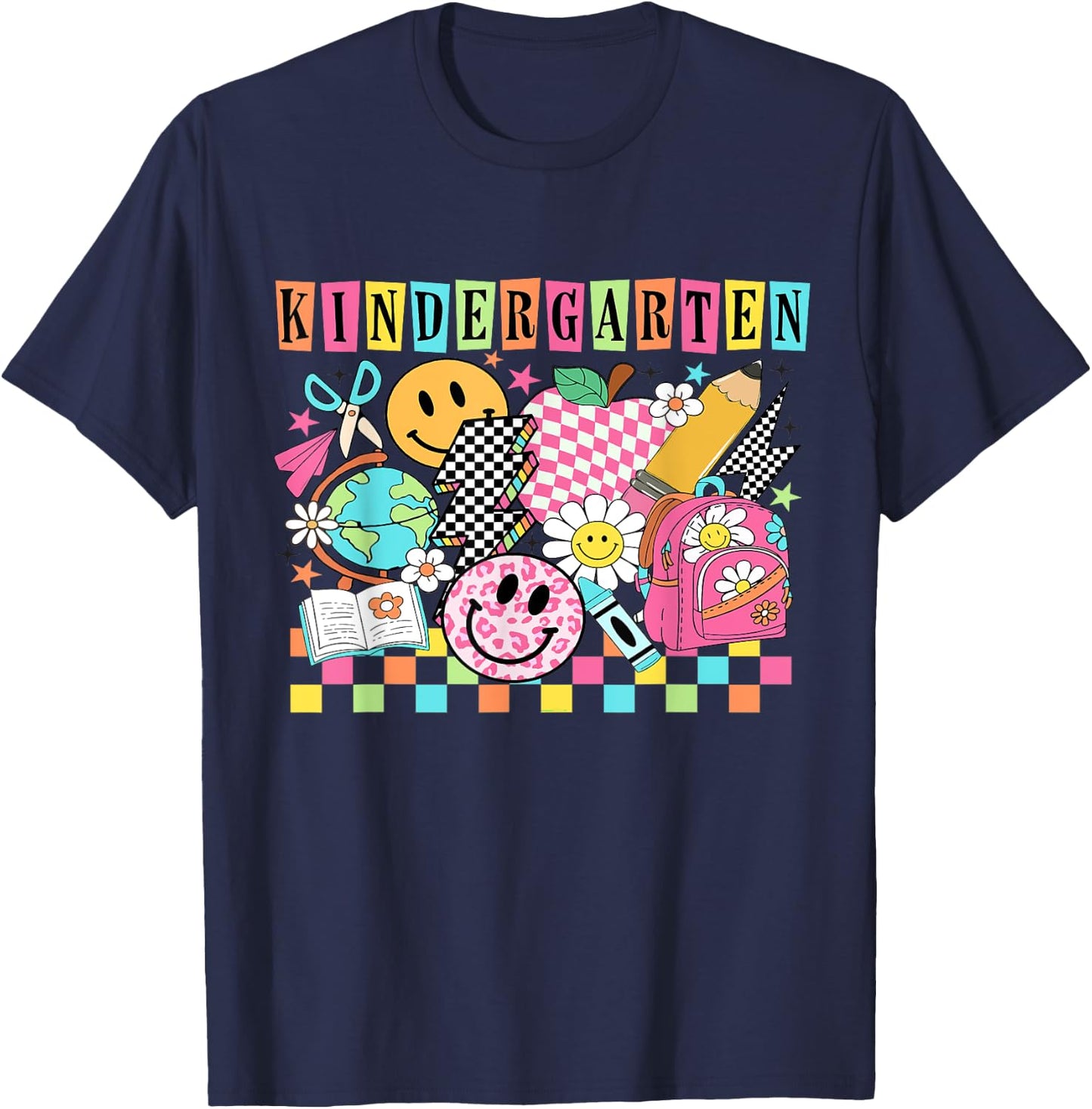 Kindergarten Girls 1990s 90s Back to School Rainbow Groovy T-Shirt - T-Shirt | Navy