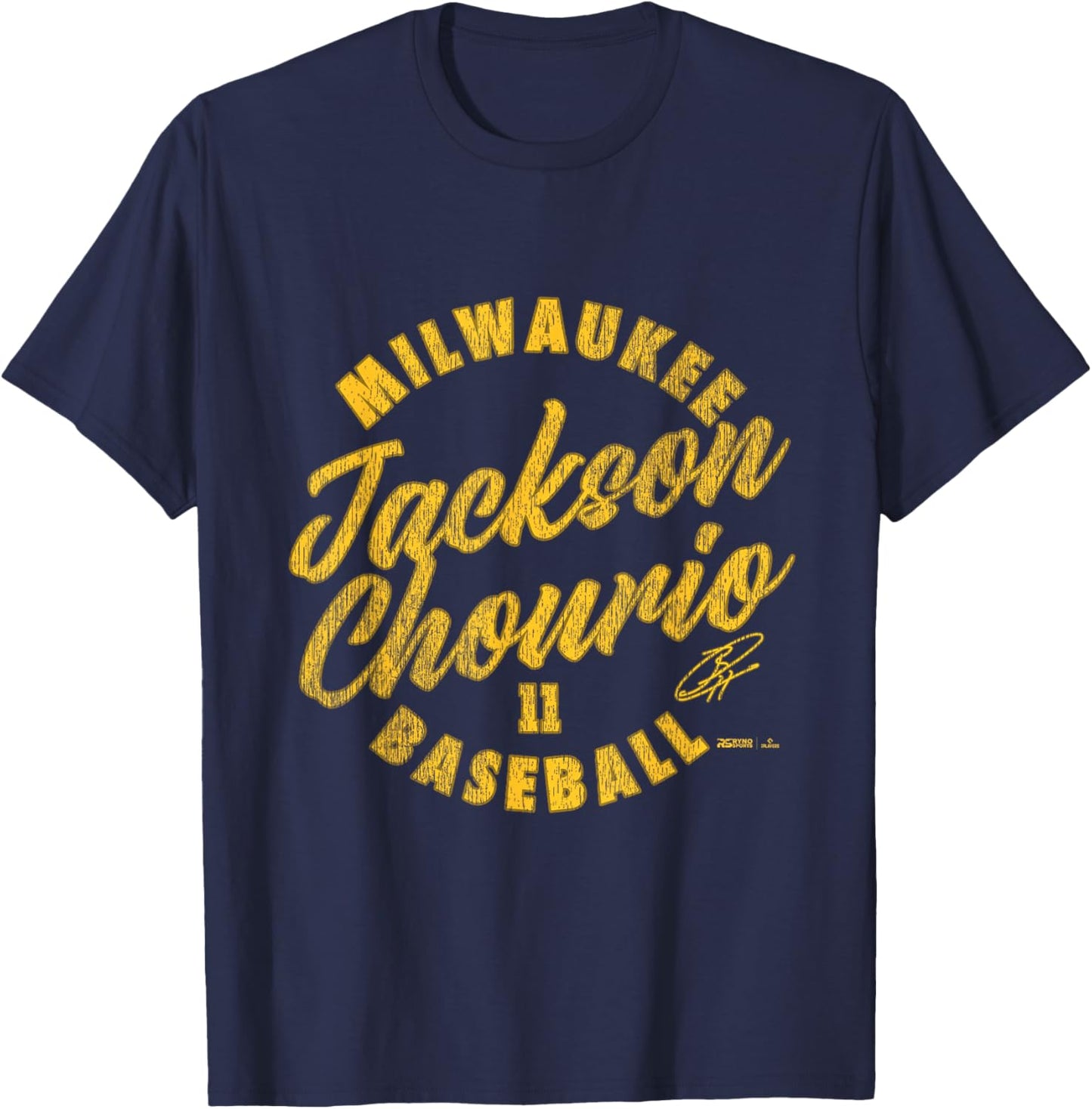 Jackson Chourio Milwaukee Baseball Vintage Curisve MLBPA T-Shirt - T-Shirt | Navy