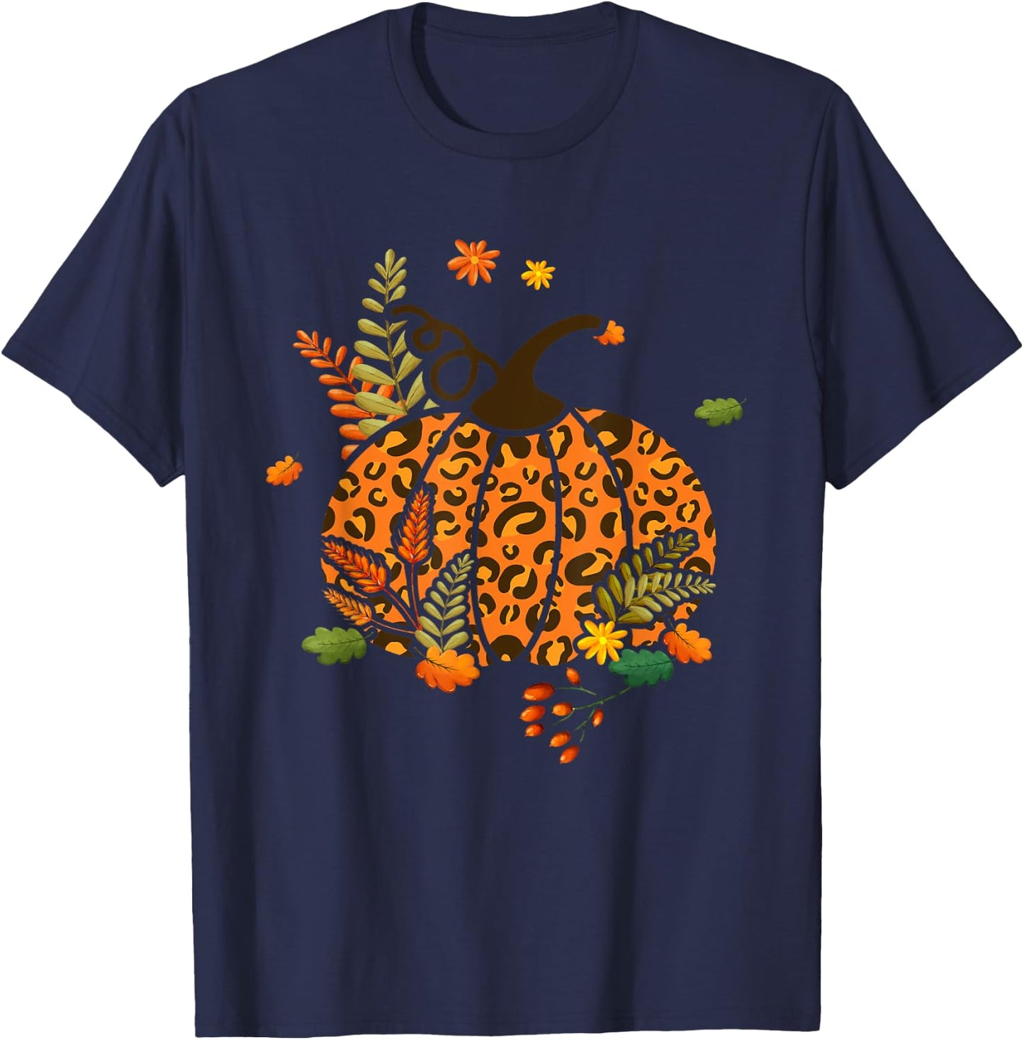 Leopard Print Pumpkin Halloween Fall Autumn Thanksgiving T-Shirt - T-Shirt | Navy