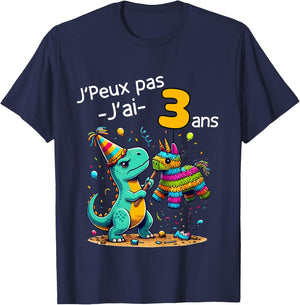 Child Je Peux Pas J'ai 3 Years Dinosaur Theme Birthday Pinata , grey, 2 T-Shirt - T-Shirt | Navy