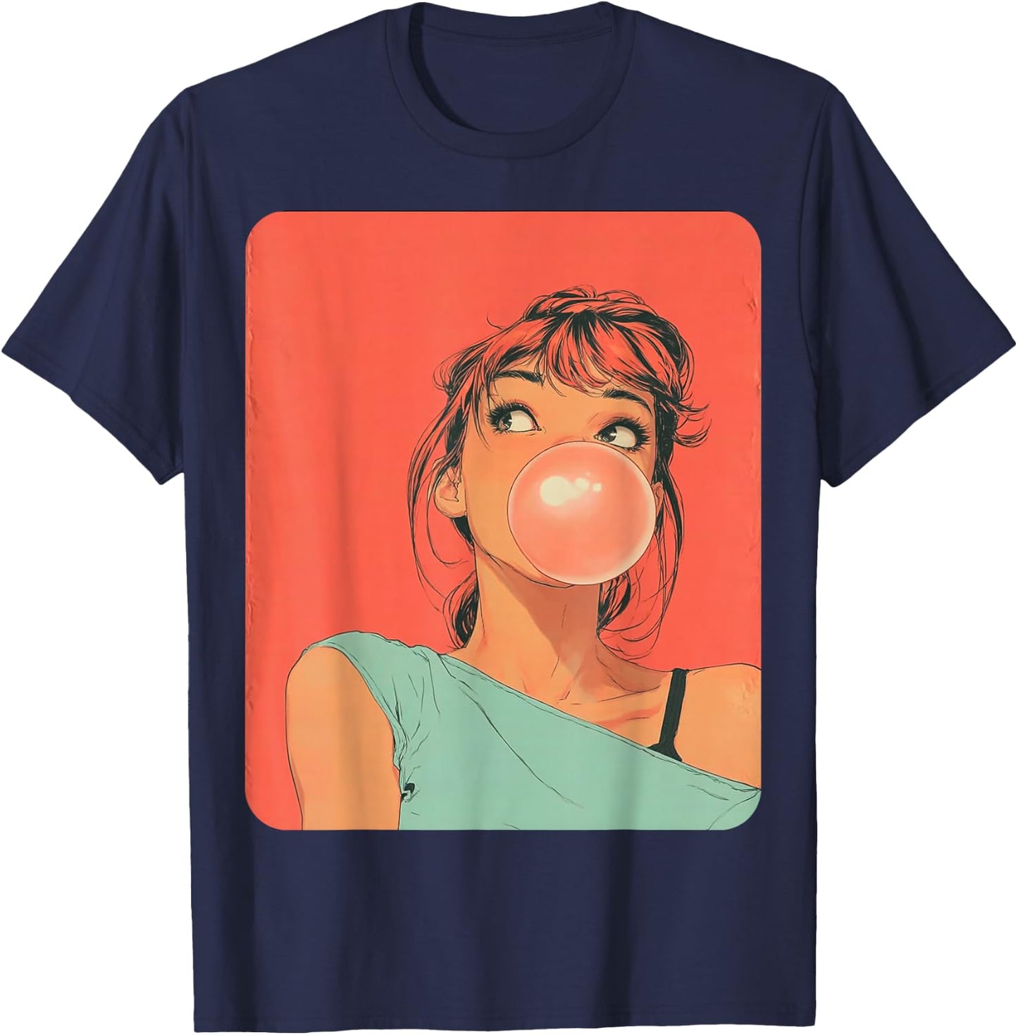 Cute Girl Pink Bubble Gum Anime Women's Kawaii T-Shirt - T-Shirt | Navy