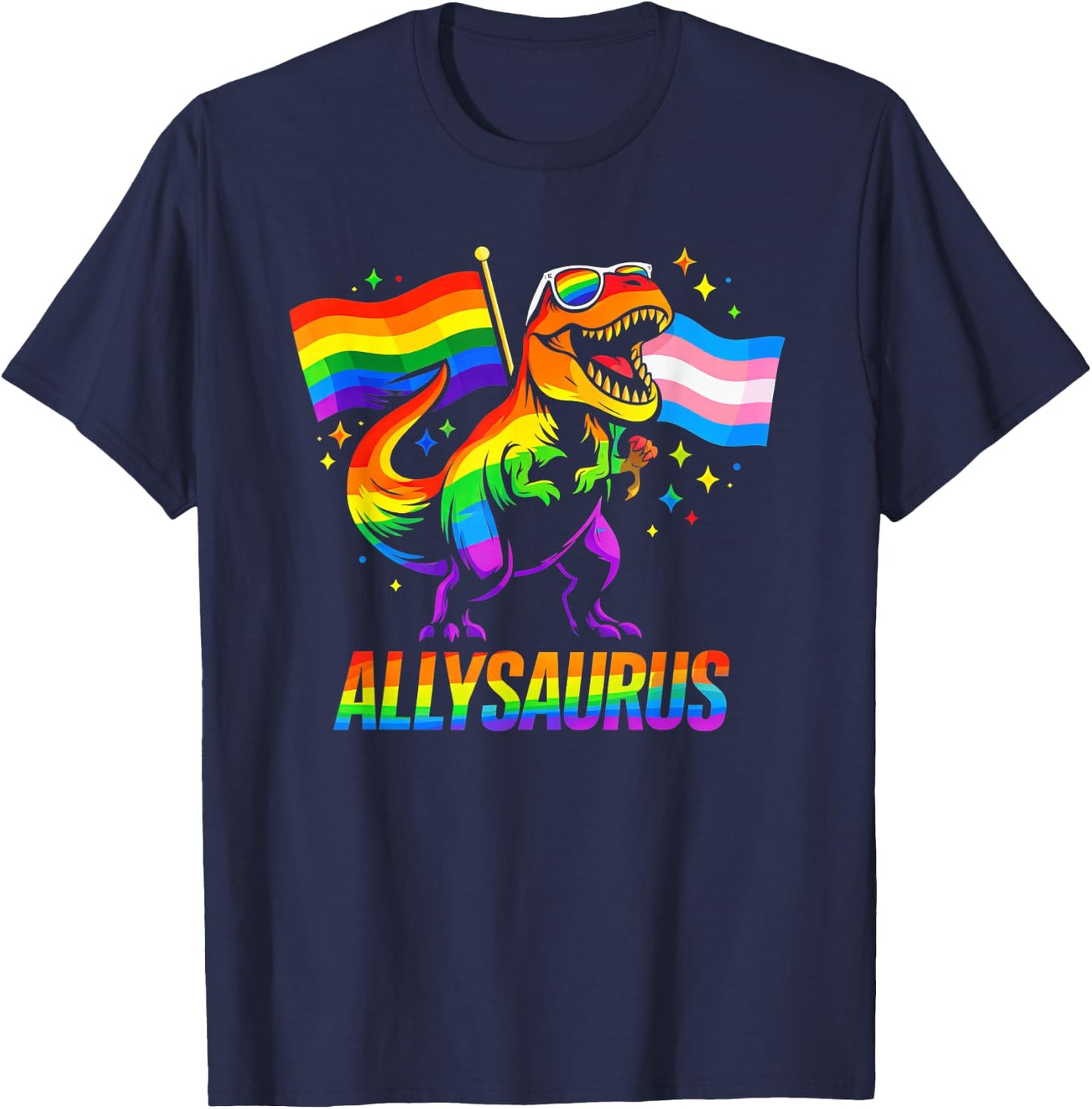 Allysaurus LGBT Rainbow Flag Ally Dinosaur LGBT Pride T-Shirt - T-Shirt | Navy
