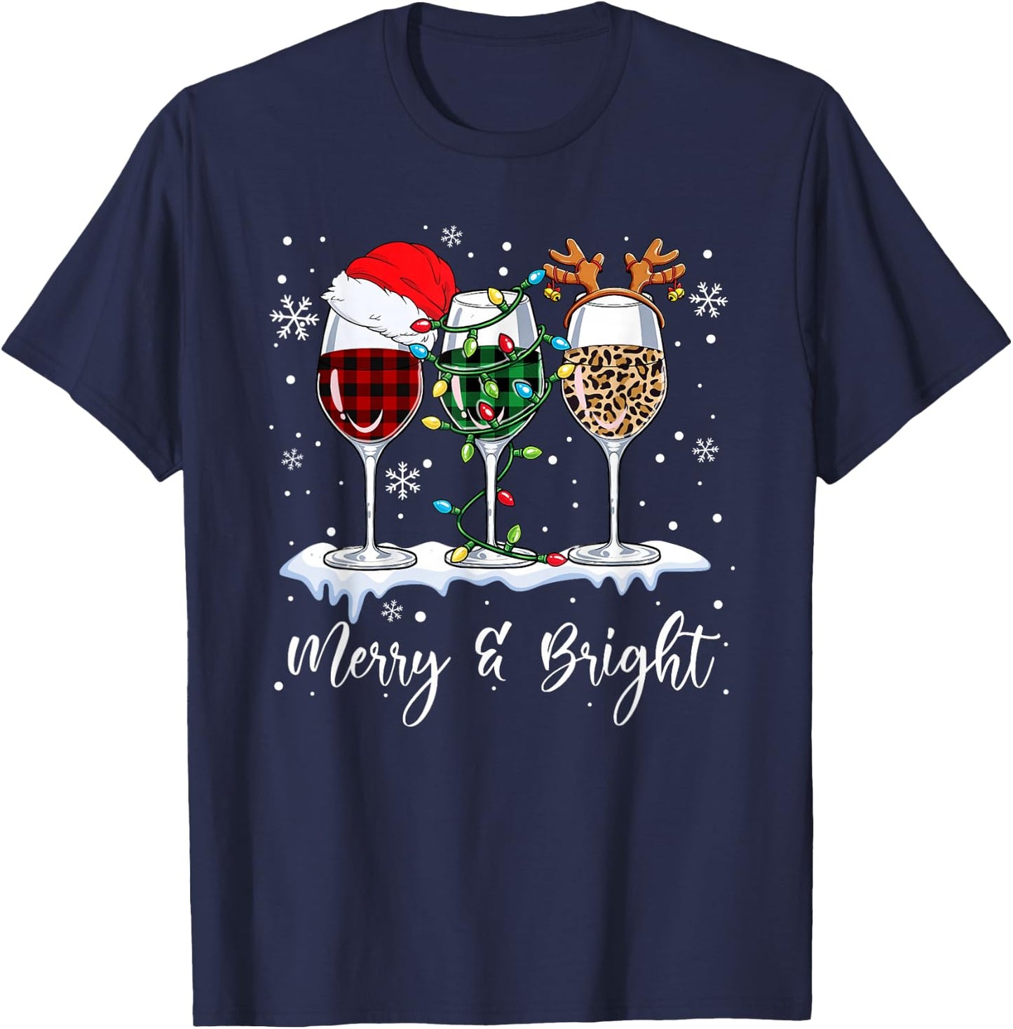 Three Wine Glasses Merry And Bright Christmas Wine Lover T-Shirt - T-Shirt | Navy