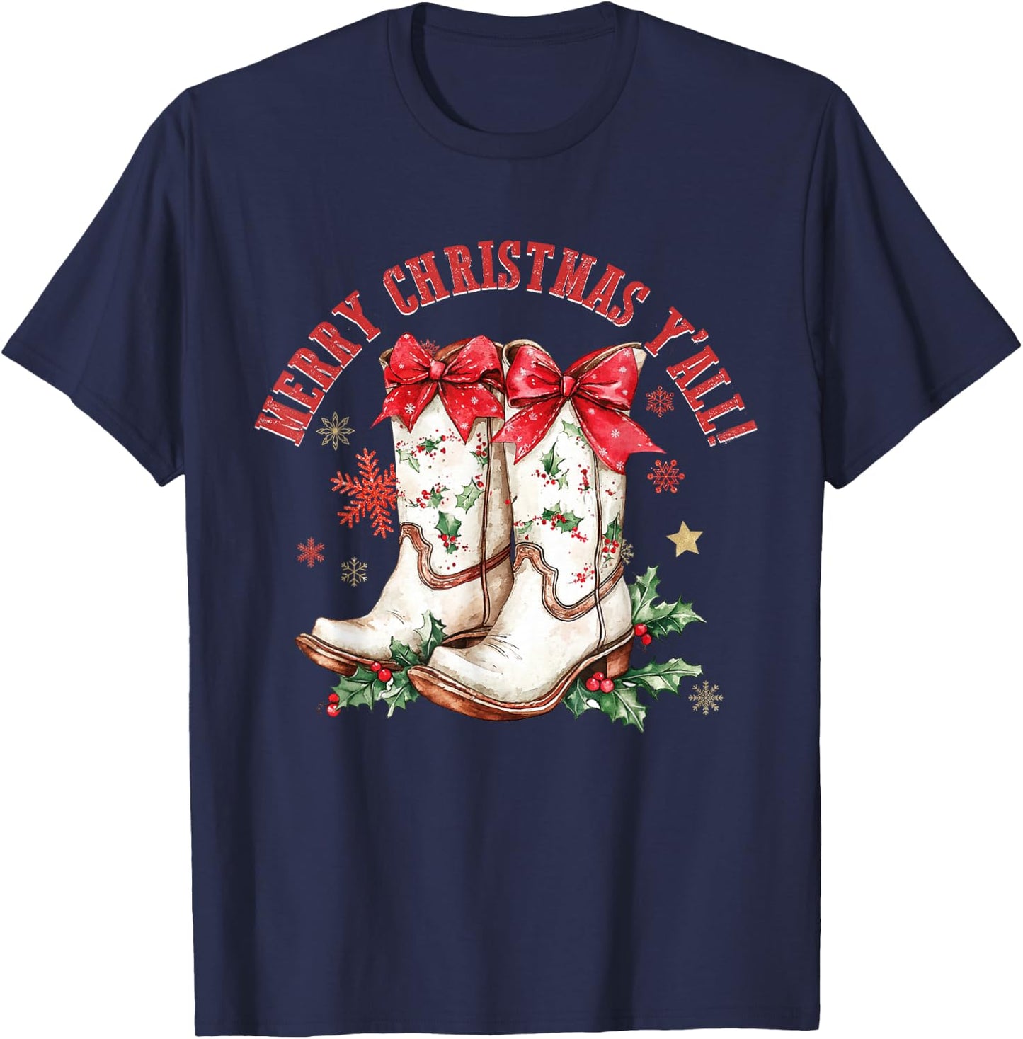 Merry Christmas Y'all Howdy Christmas Boots Cowgirl Coquette T-Shirt - T-Shirt | Navy