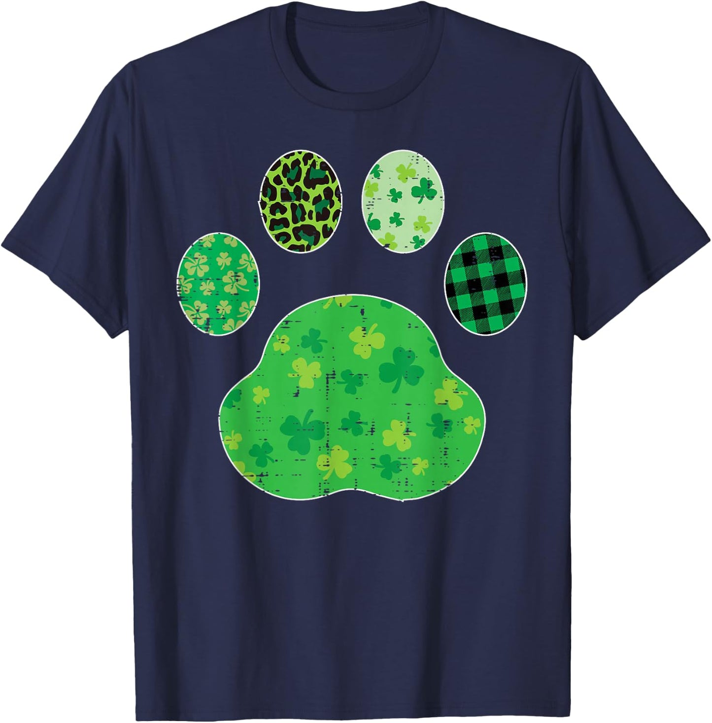 St Patricks Day Dog Cat Paw Shamrock Leopard Men Women Kids T-Shirt - T-Shirt | Navy