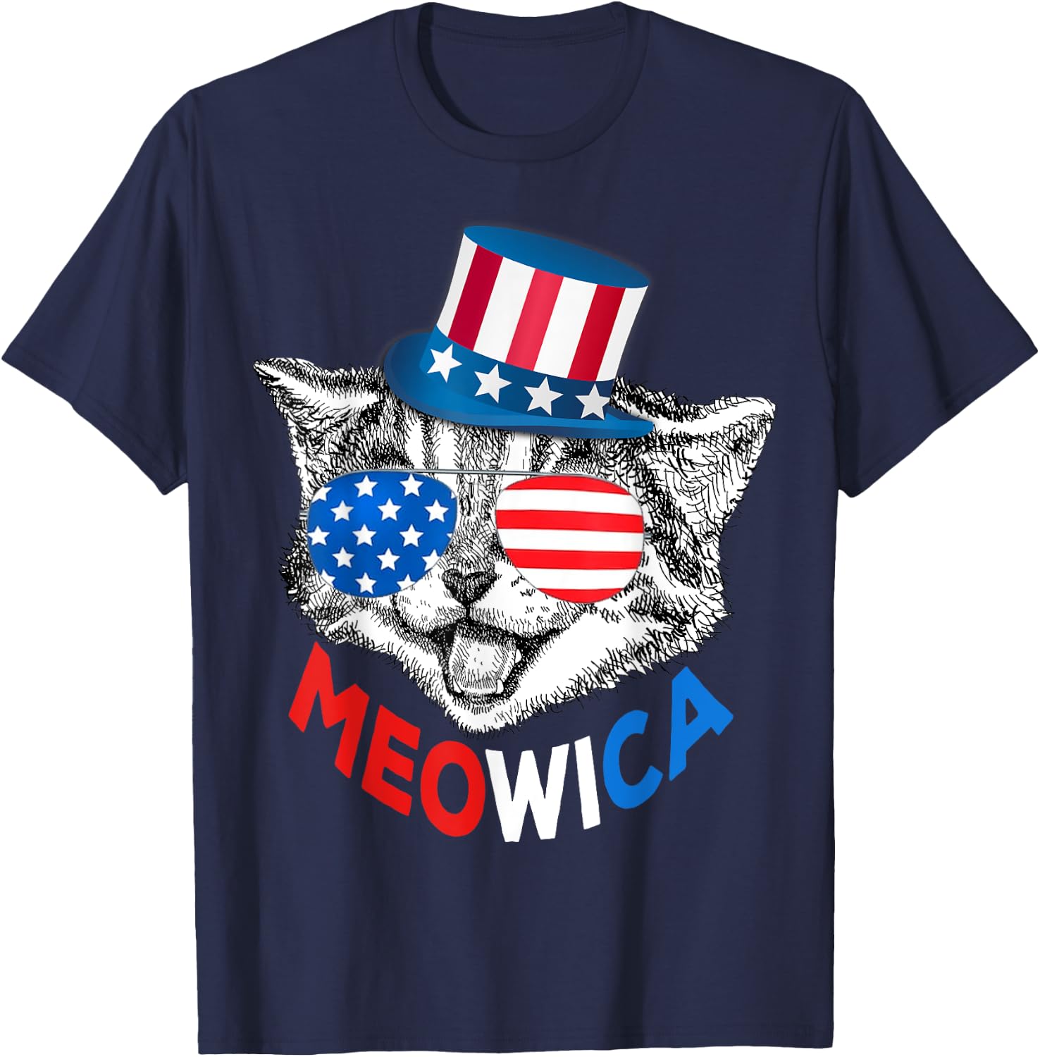 Patriotic Cat 4th of July Kids American Flag Girls Meowica T-Shirt - T-Shirt | Navy