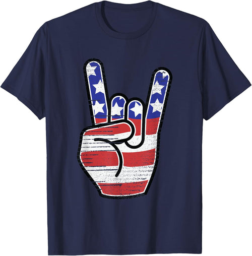 Rock n Roll Shirt USA Flag Horns Sign Retro Concert Band