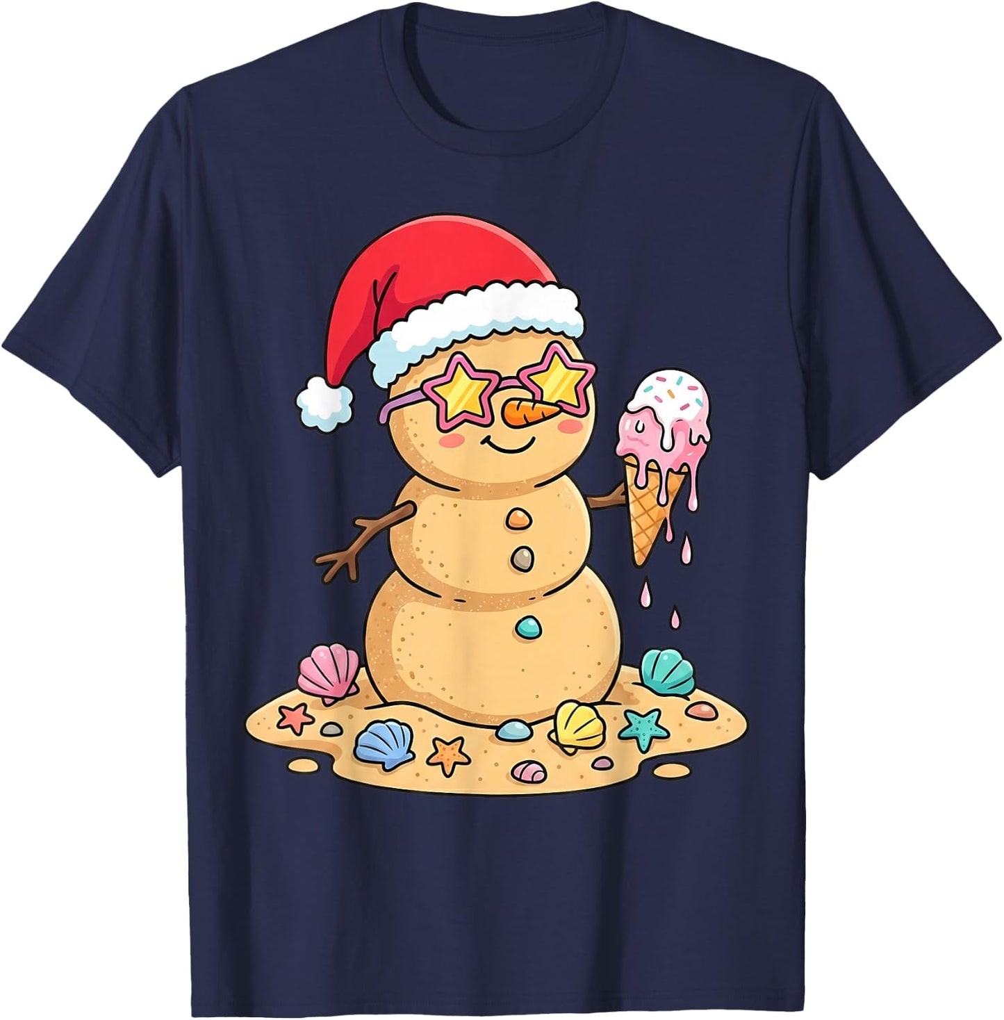 Cute Sand Snowman Santa Hat Christmas in July T-Shirt - T-Shirt | Navy