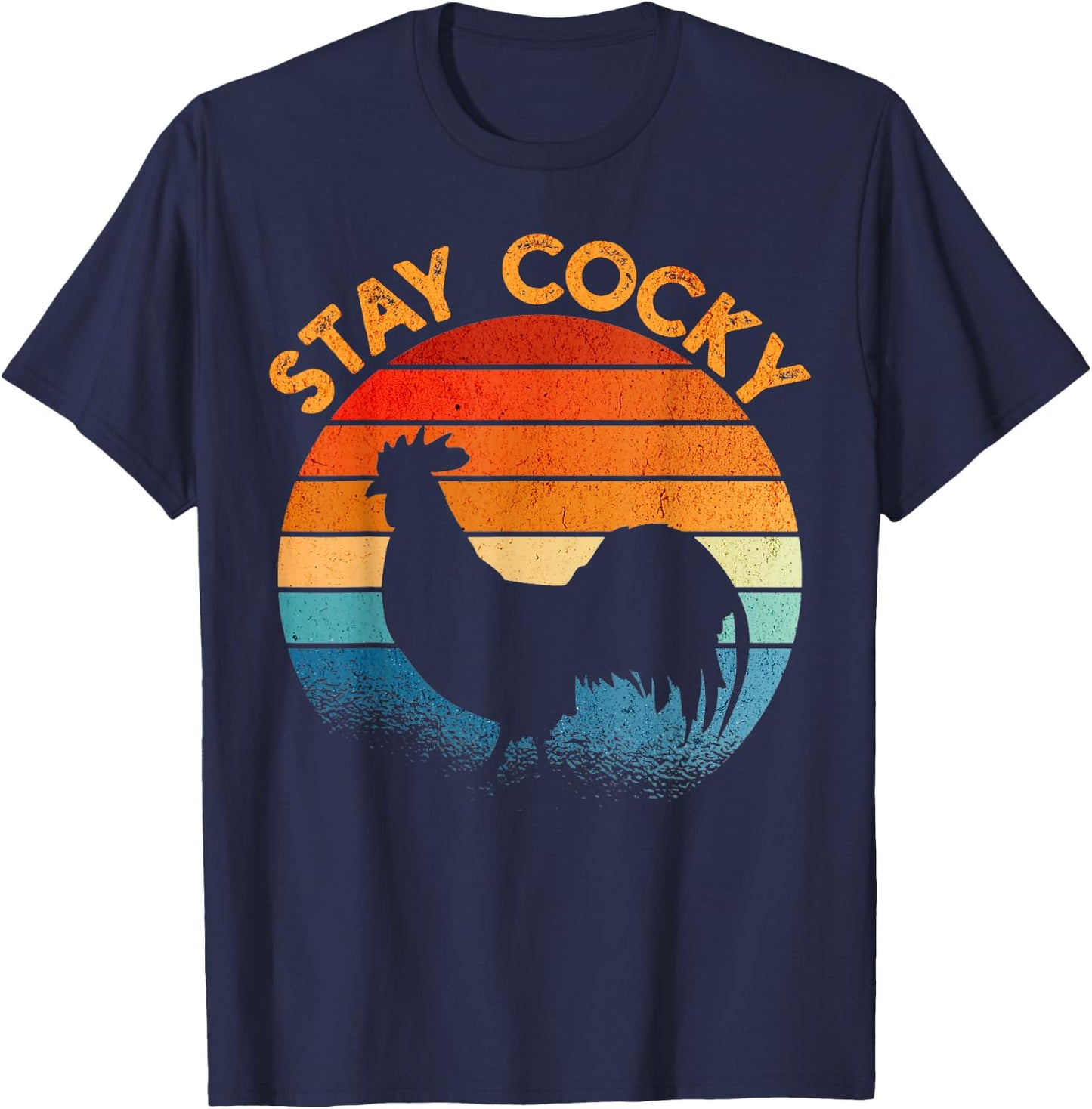 Stay Cocky Rooster Retro Sunset T-Shirt - T-Shirt | Navy