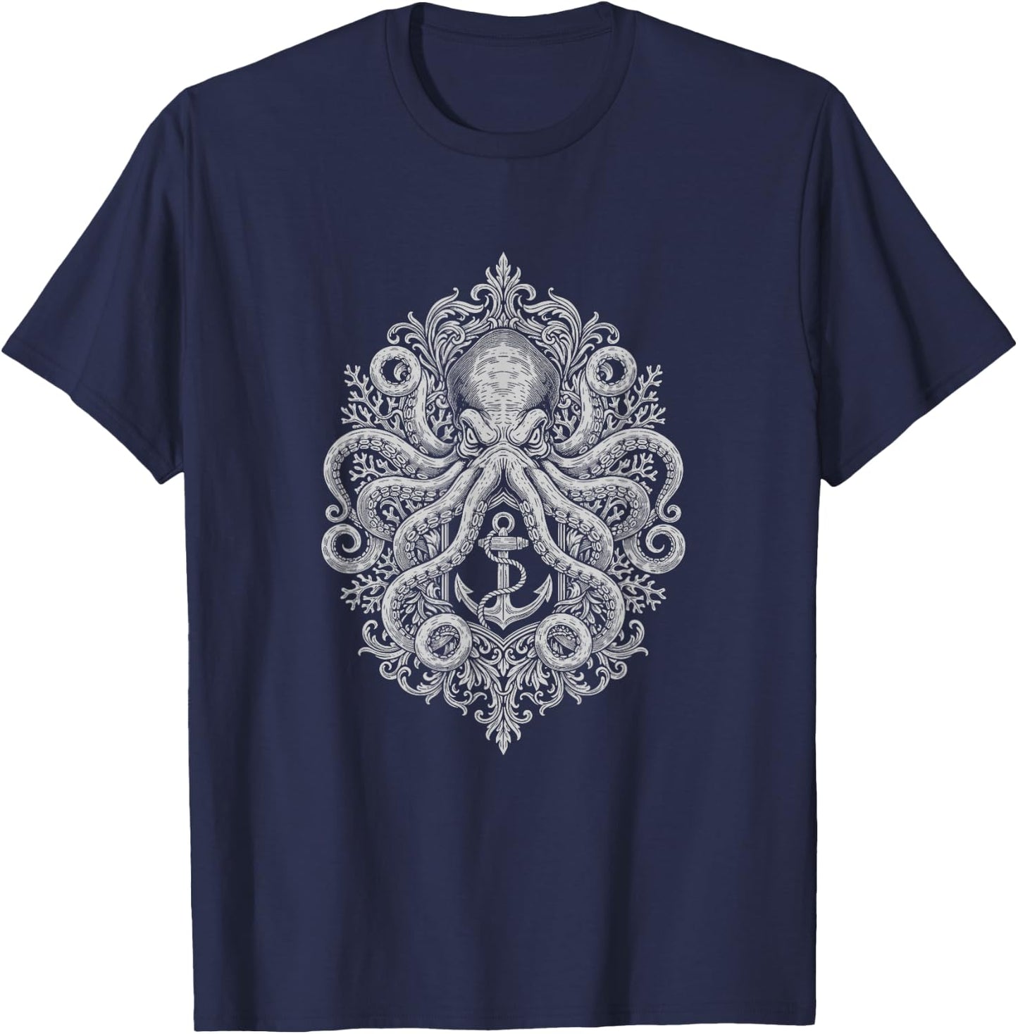Ornamental Octopus Dark Art Mystical Emblem Captain Sailor T-Shirt - T-Shirt | Navy