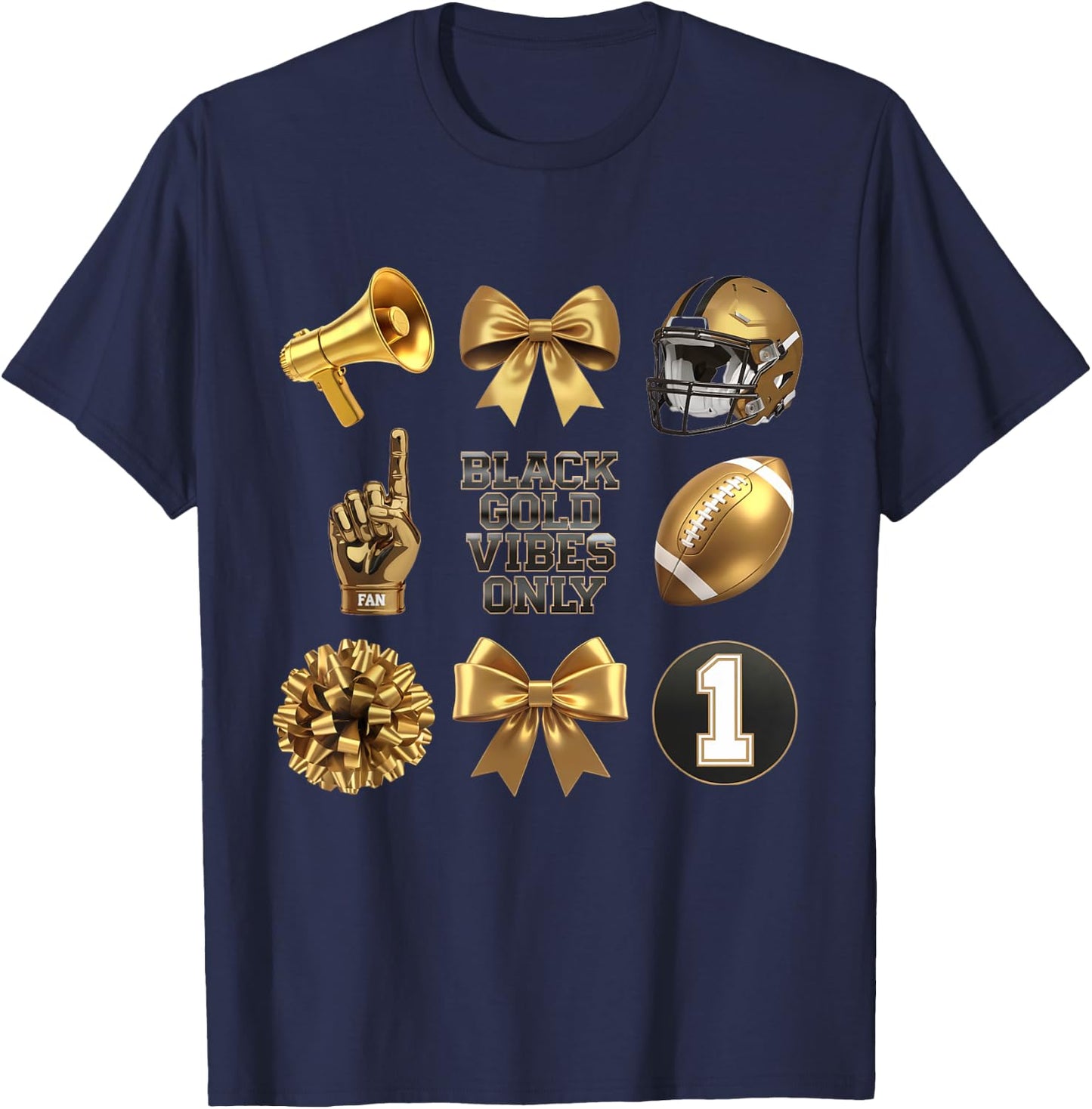 Gold Black Game Day Vibes Only Cheer T-Shirt - T-Shirt | Navy