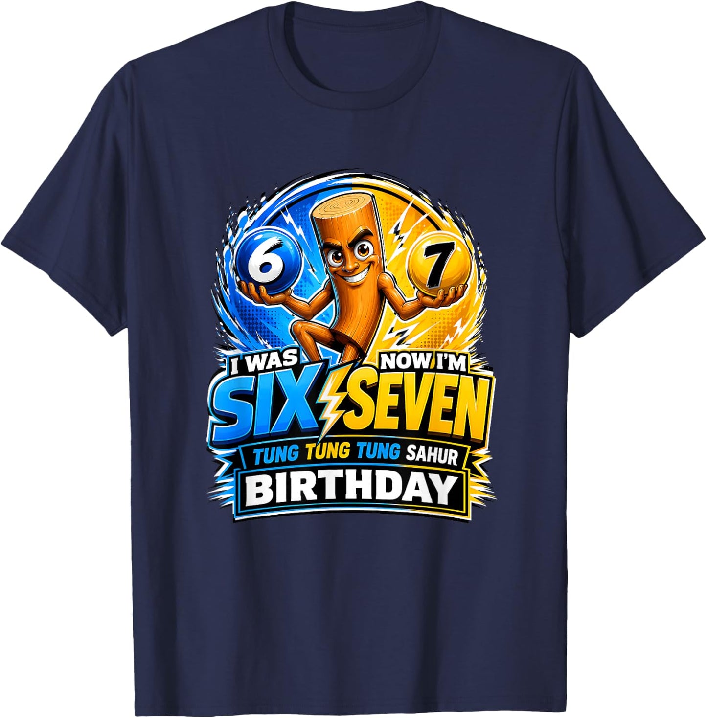 Funny 7th Birthday 67 Brainrot Meme Tung Tung Tung Sahur T-Shirt - T-Shirt | Navy