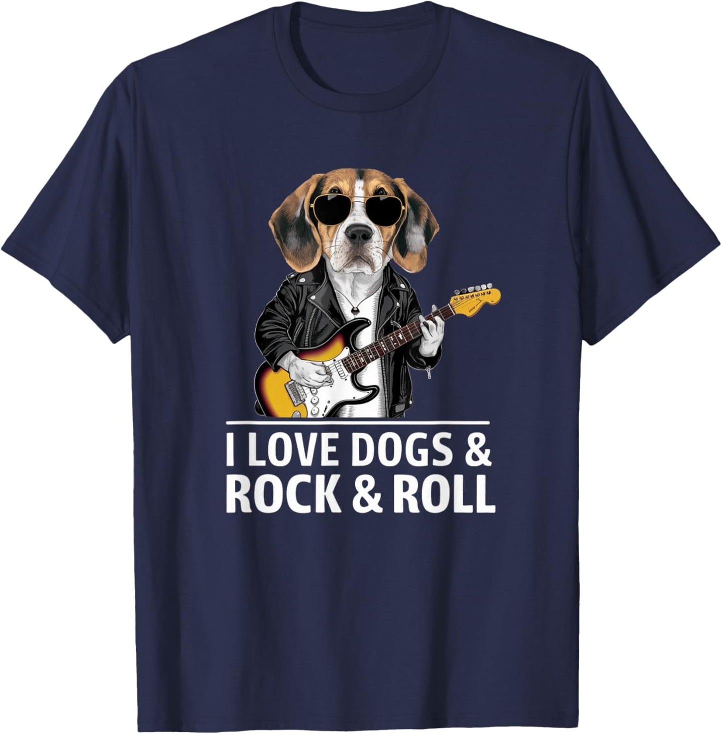 I Love Dogs & Rock & Roll Beagle Playing Electric Guitar T-Shirt - T-Shirt | Navy