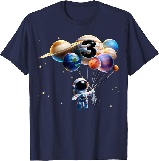 3 Years Old Birthday Boy Gifts Astronaut Planet 3rd Three T-Shirt - T-Shirt | Navy