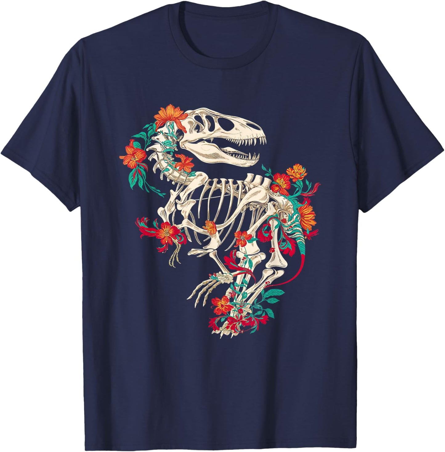 Rex Skeleton Floral Dino Bones Paleontology Dinosaur T-Shirt - T-Shirt | Navy