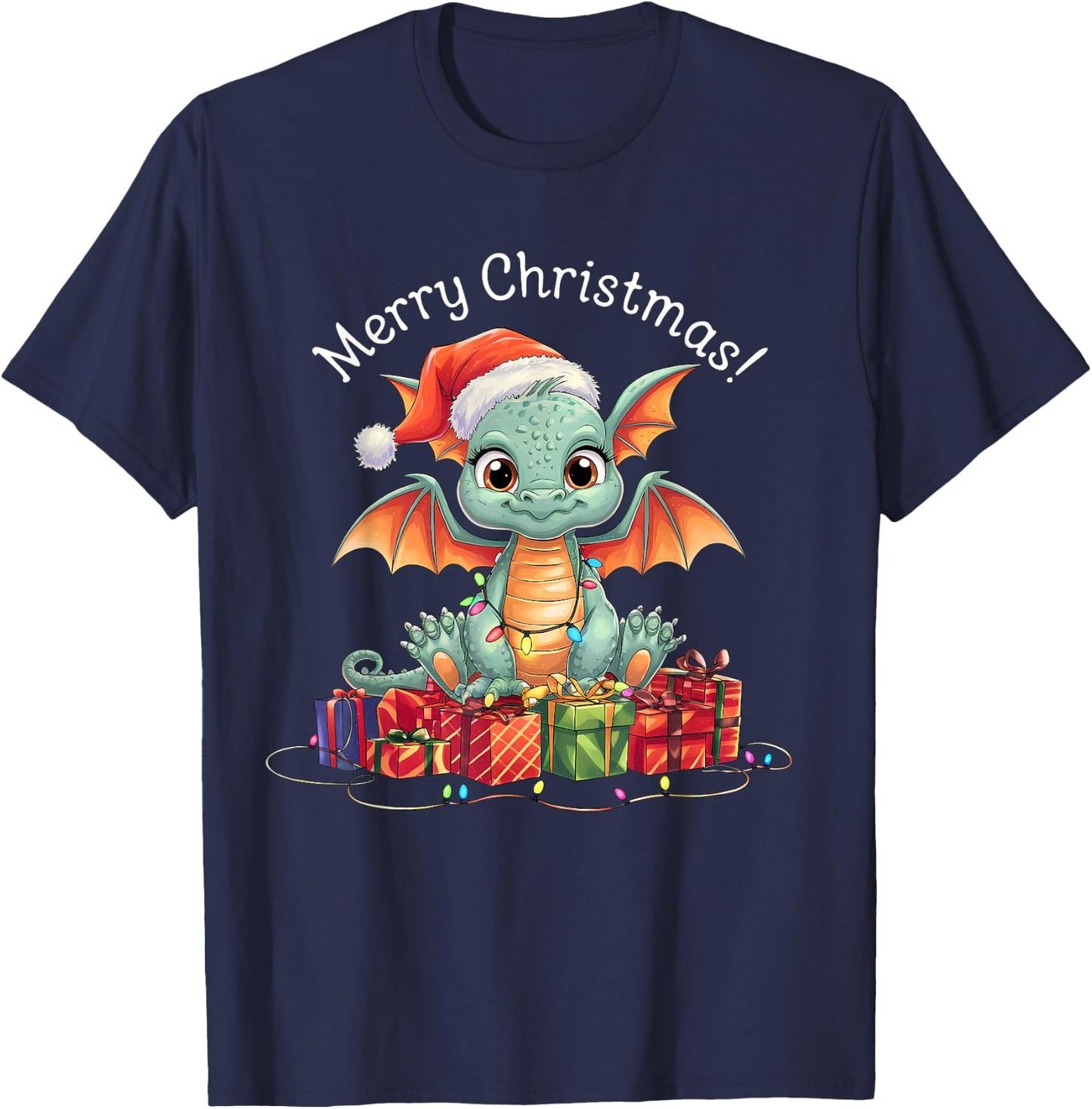 Dragon Christmas Sweater Dragon Fairy Lights cute funny T-Shirt - T-Shirt | Navy