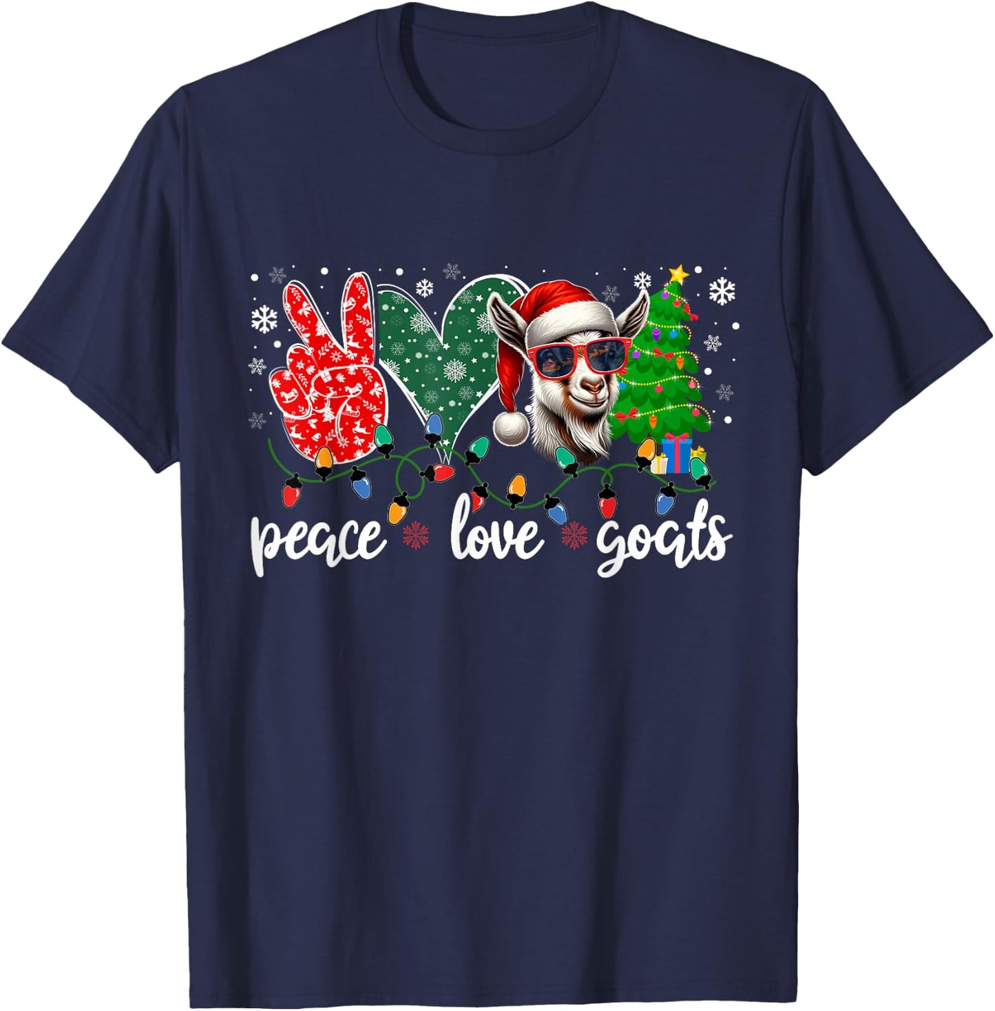 Peace Love Goats Funny Goat Santa Hat Sunglasses Xmas Tree T-Shirt - T-Shirt | Navy