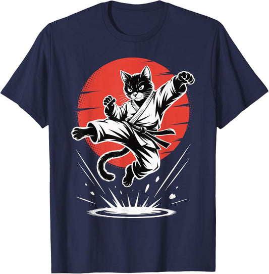 Funny Karate Cat Martial Arts Black Belt Fighter Jump Kick T-Shirt - T-Shirt | Navy