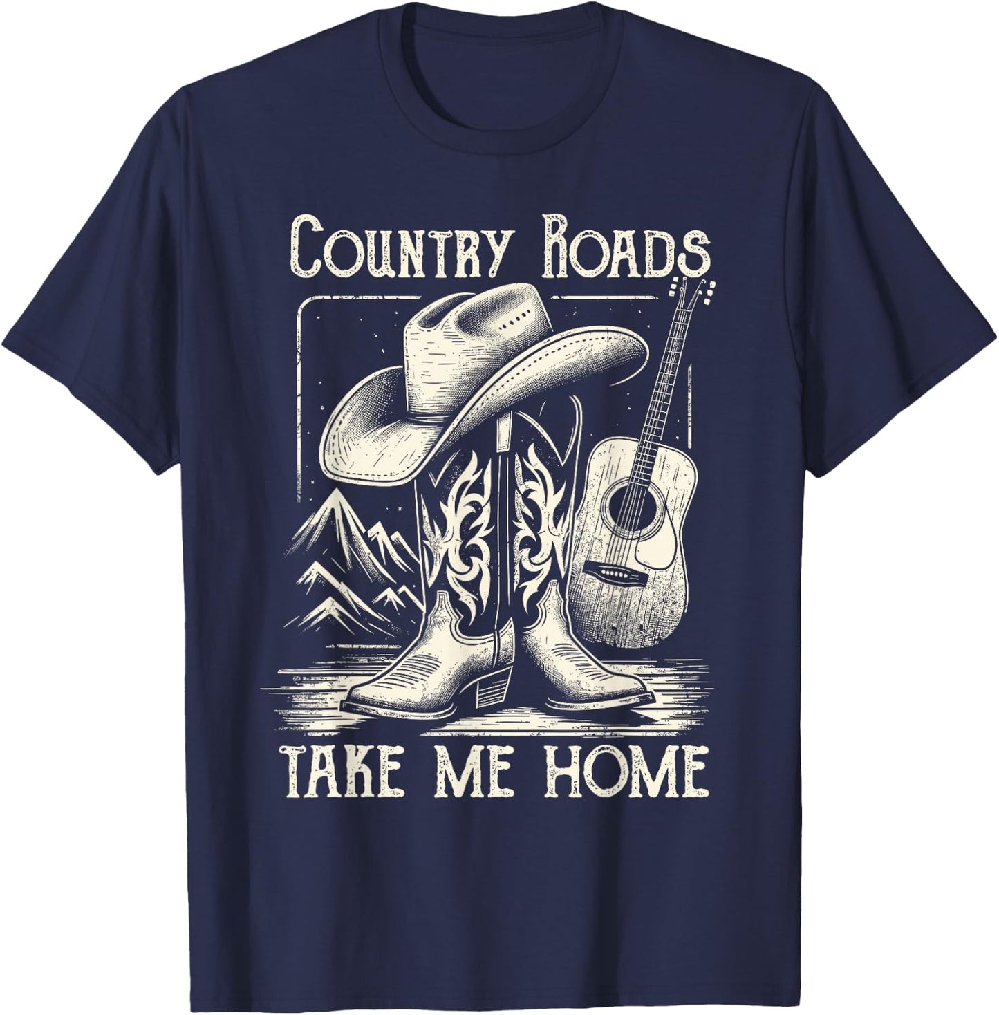 Country Roads Take Me Home Cowboy Western Virginia Retro T-Shirt - T-Shirt | Navy