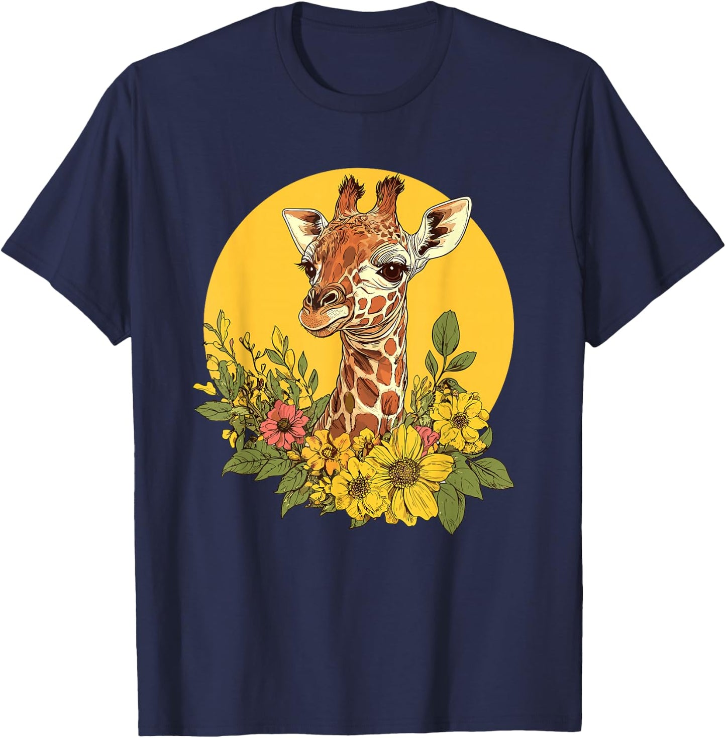 Charming Giraffe Surrounded By Flowers T-Shirt - T-Shirt | Navy