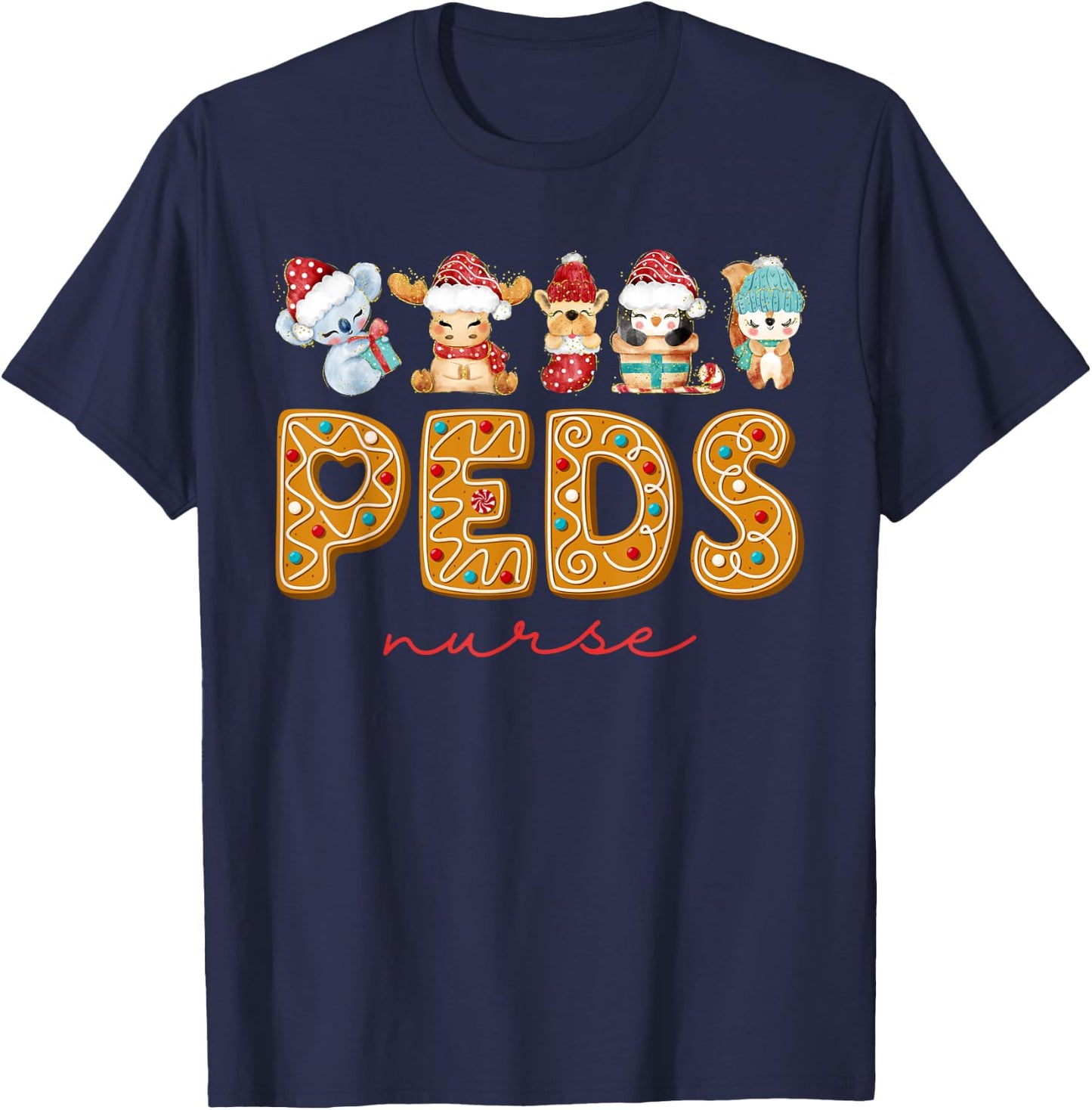 PEDS Nurse Cute Animals Cookies Pediatric Nurse Christmas T-Shirt - T-Shirt | Navy