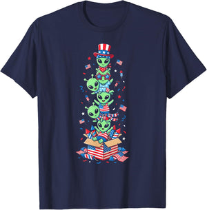 Funny Alien American USA Flag Memorial Day 4th of July T-Shirt - T-Shirt | Navy