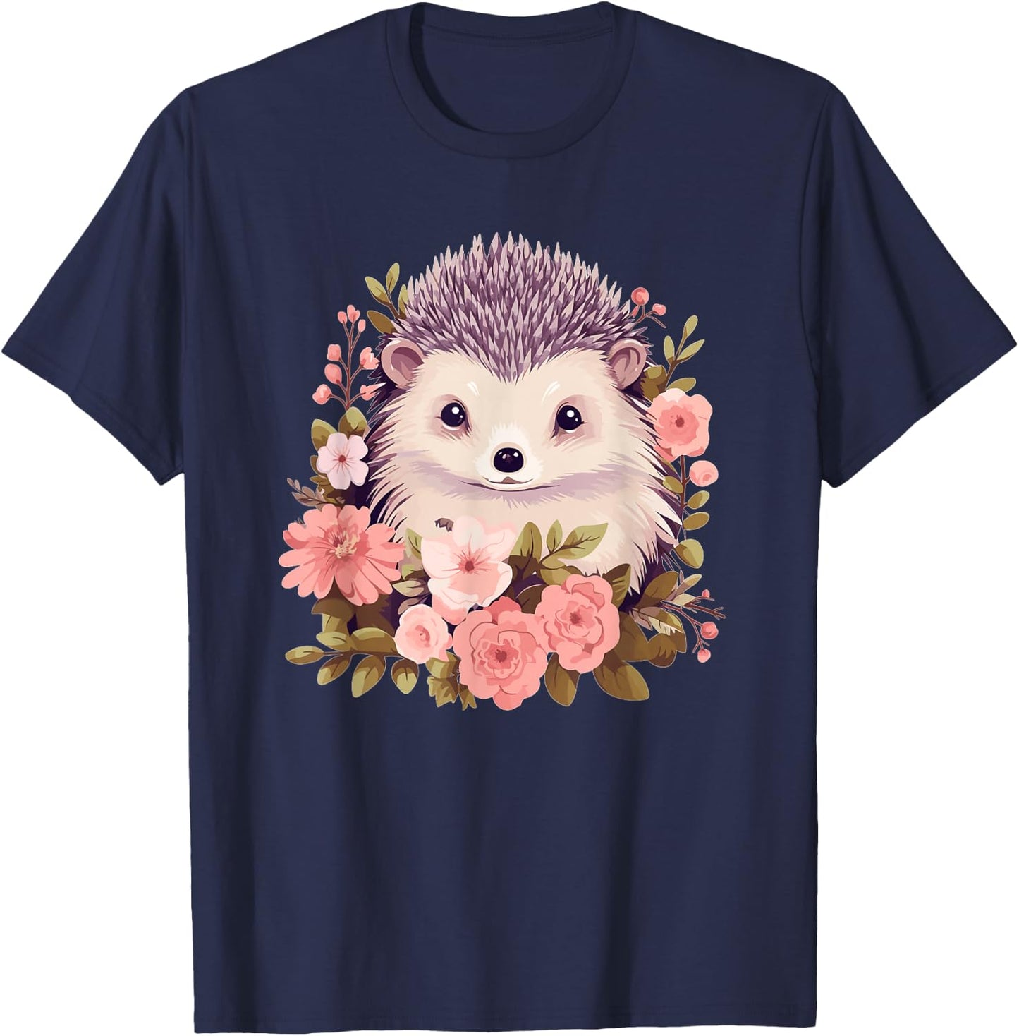 Cute Hedgehog with Flowers I Hedgehog T-Shirt - T-Shirt | Navy