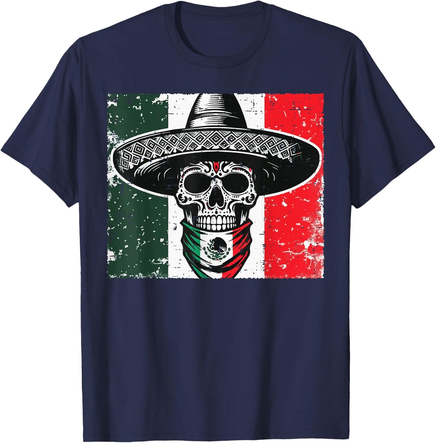 Skull Sombrero Mexico Flag Mexican Pride Men Women Kids T-Shirt - T-Shirt | Navy