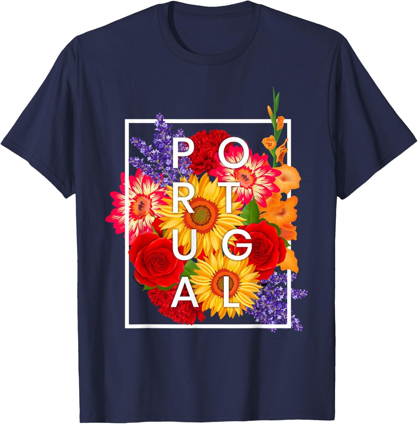 Flowers of Portugal Word Art - Portuguese Pride T-Shirt - T-Shirt | Navy