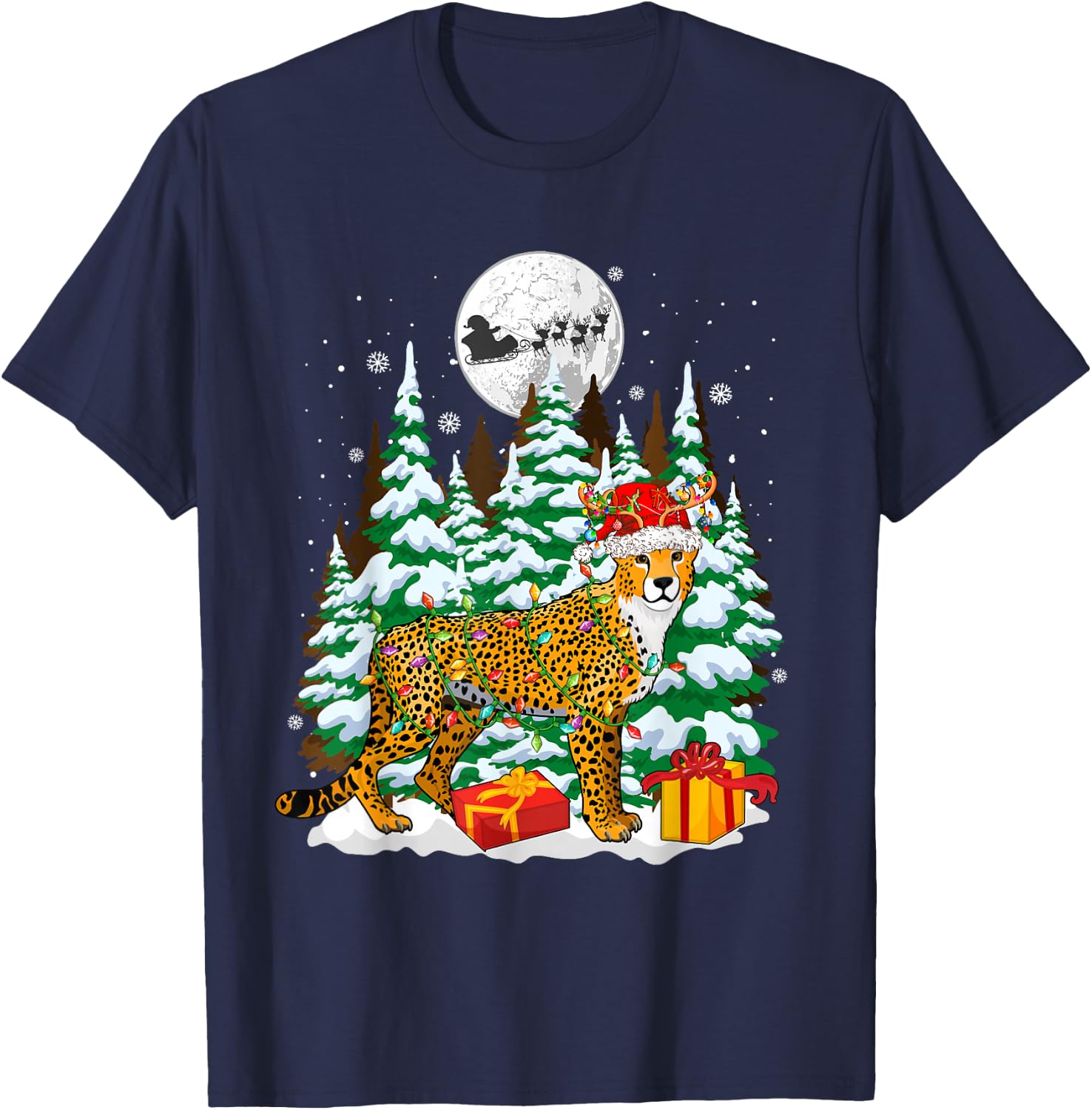Santa Reindeer Cheetah Christmas Trees Animal Lover Kids T-Shirt - T-Shirt | Navy