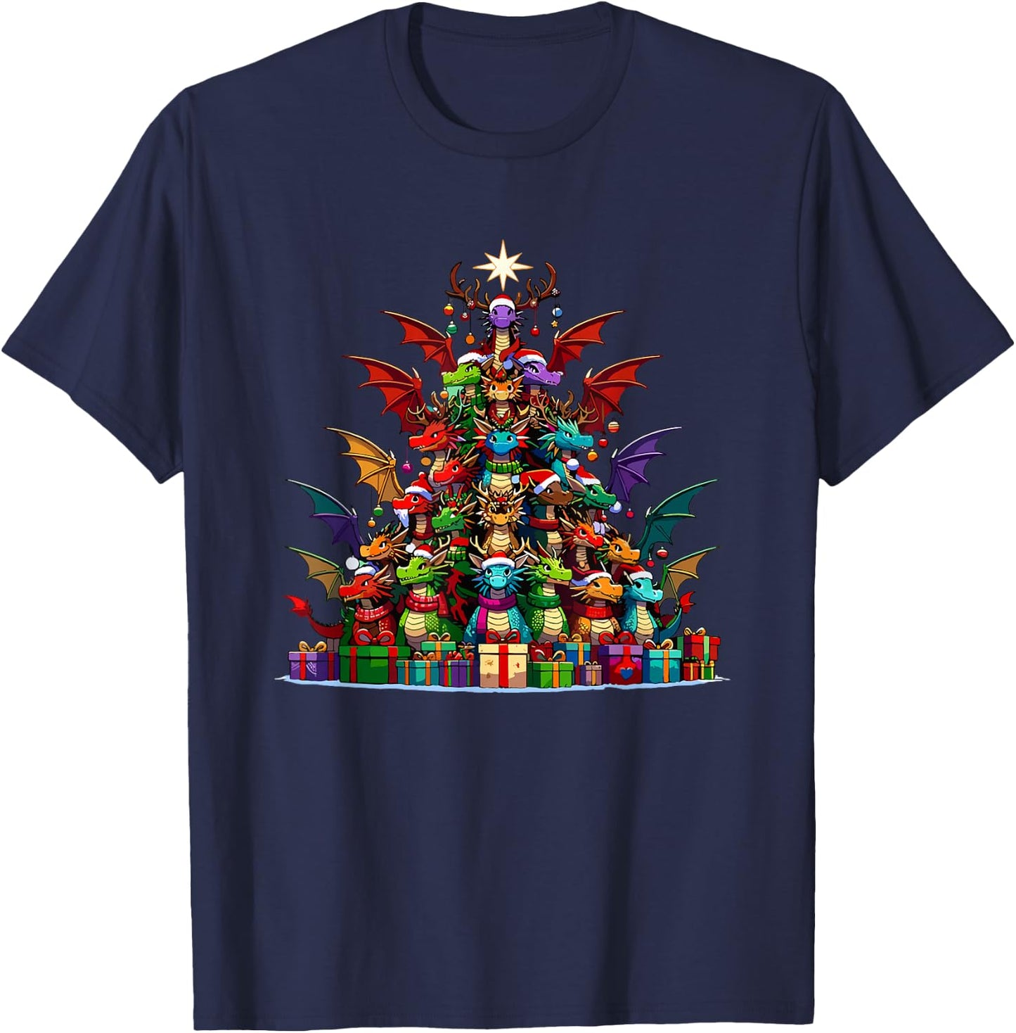 Christmas Tree Dragons Mythical Creature Dragon T-Shirt - T-Shirt | Navy