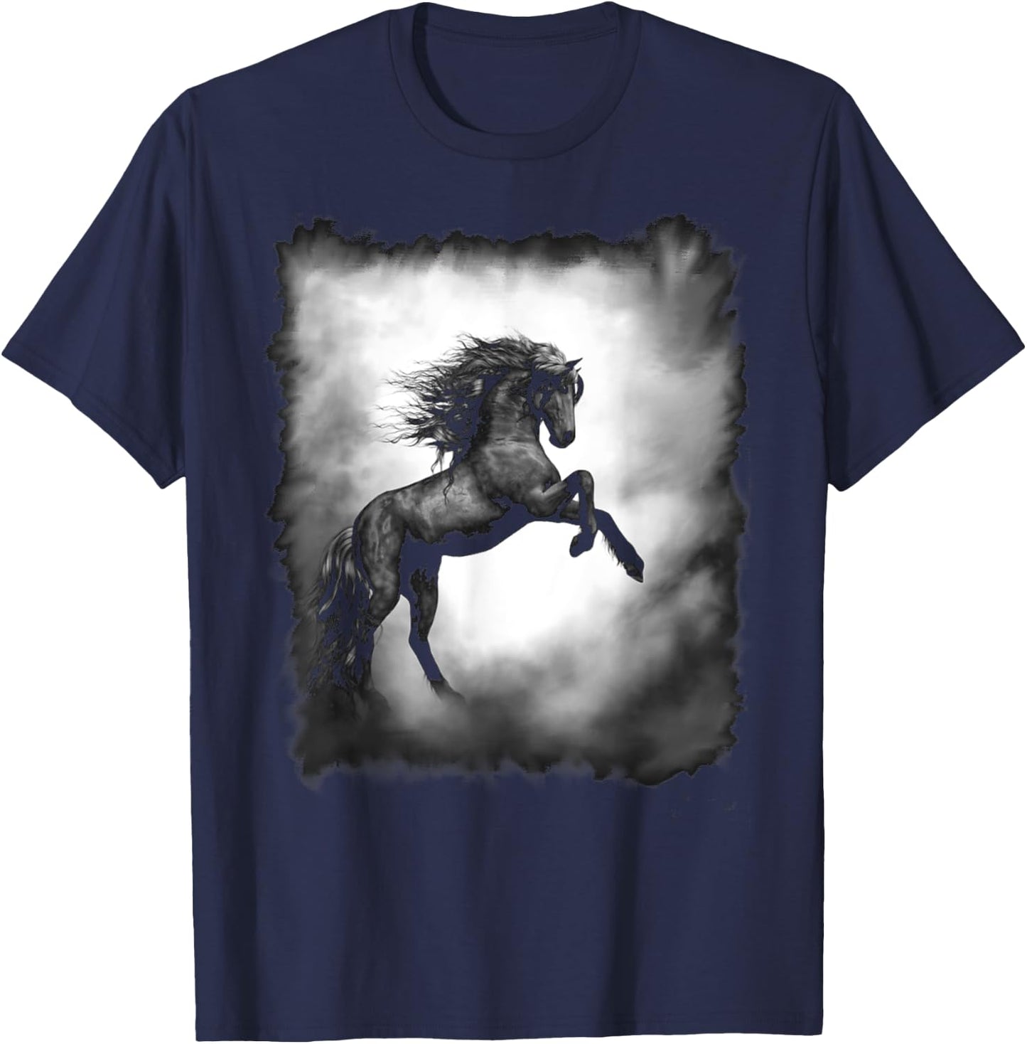 Black Wild Stallion Horse Rearing up with flowing mane T-Shirt - T-Shirt | Navy
