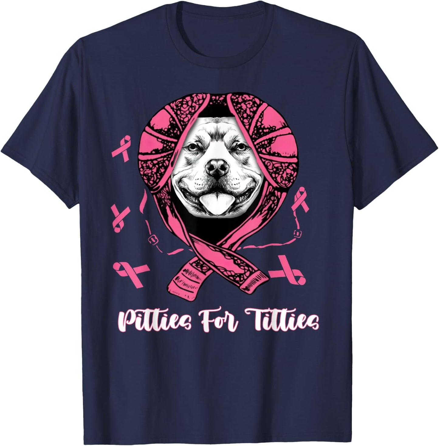 Pitties For Titties Funny Pitbull Breast Cancer Awareness T-Shirt - T-Shirt | Navy