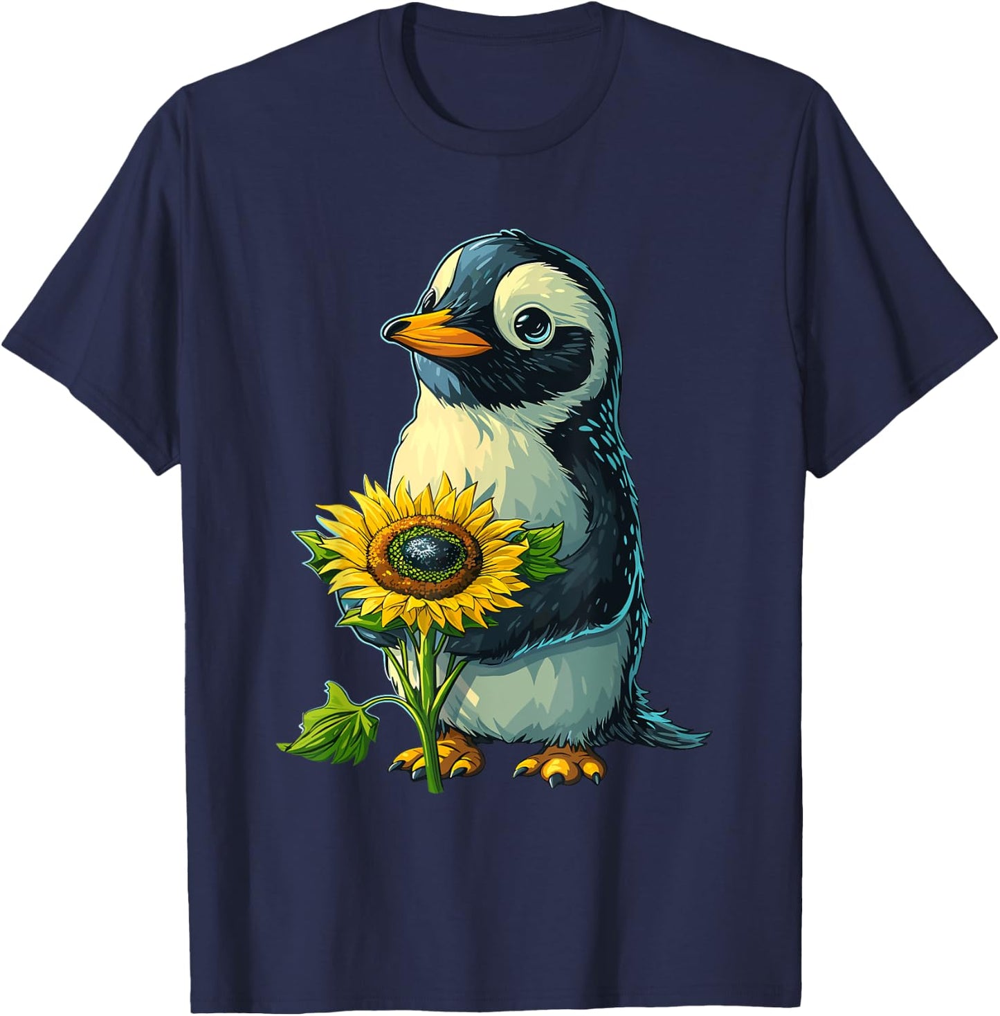 Penguin Holding Sunflower Cute Penguin Lover T-Shirt - T-Shirt | Navy