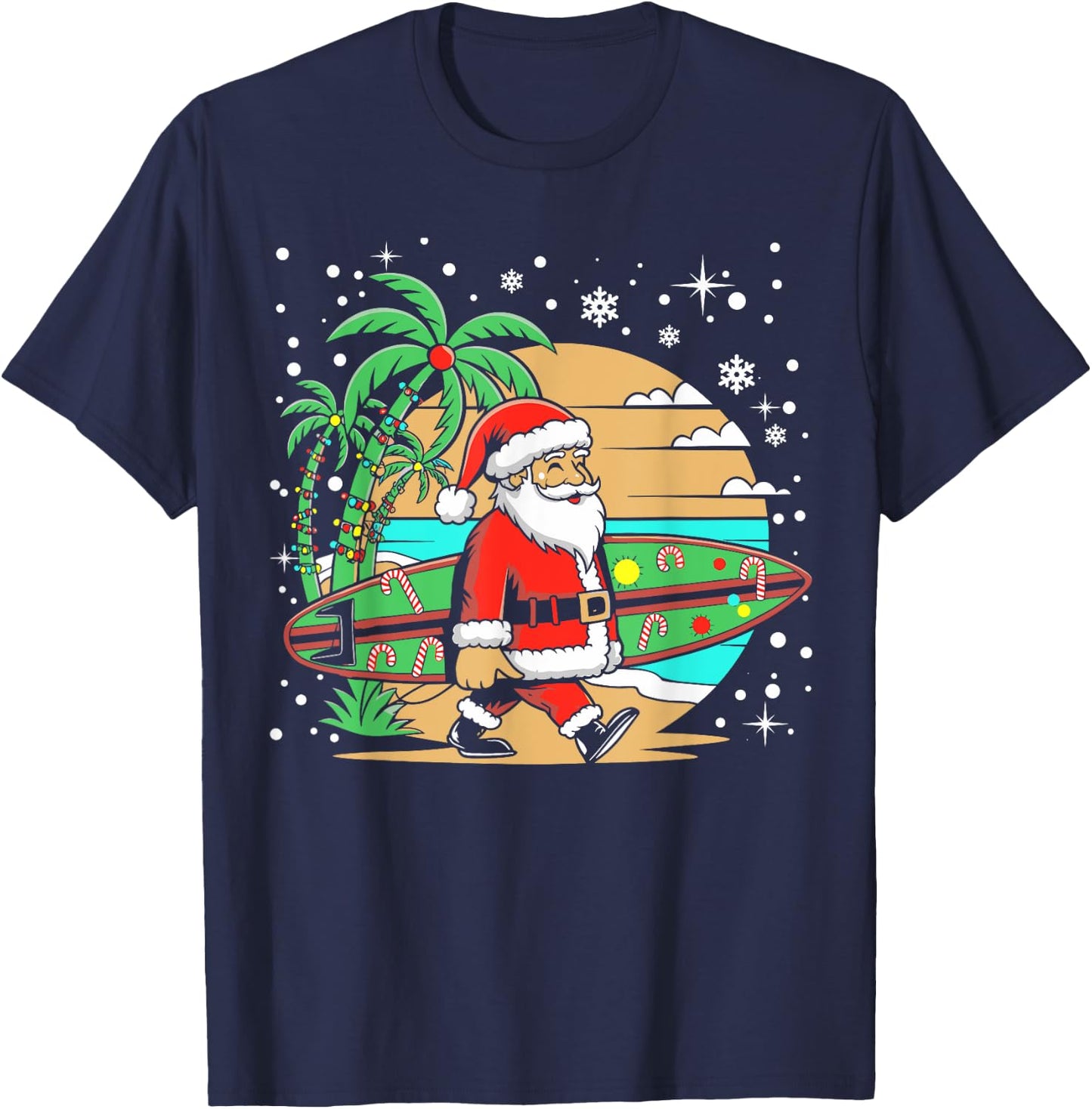 Surf Funny Surfboard Xmas Lights Santa Surfing Christmas T-Shirt - T-Shirt | Navy