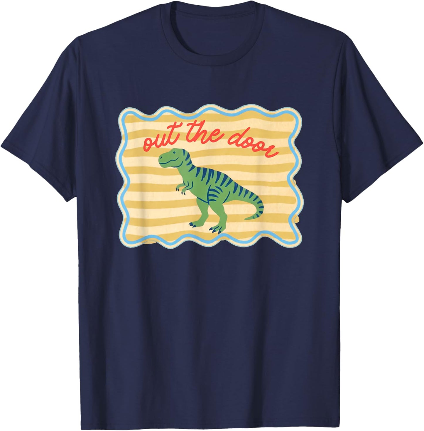 Striped Out The Door Dinosaur Last Day of School Teacher T-Shirt - T-Shirt | Navy
