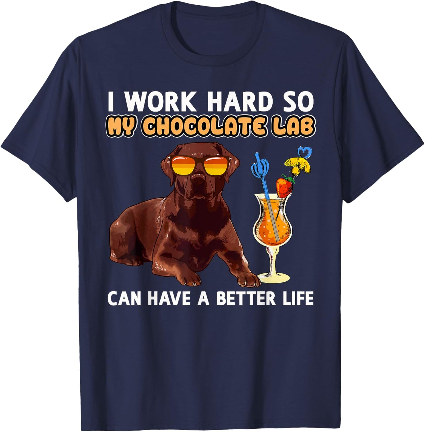 Chocolate Labrador Dog Designs -Adults Chocolate Lab Lovers - Black, Small - Short Sleeve, Classic Fit - Cotton 65%, Polyester 35% - Funny Chocolate Lab Design T-Shirt - T-Shirt | Navy