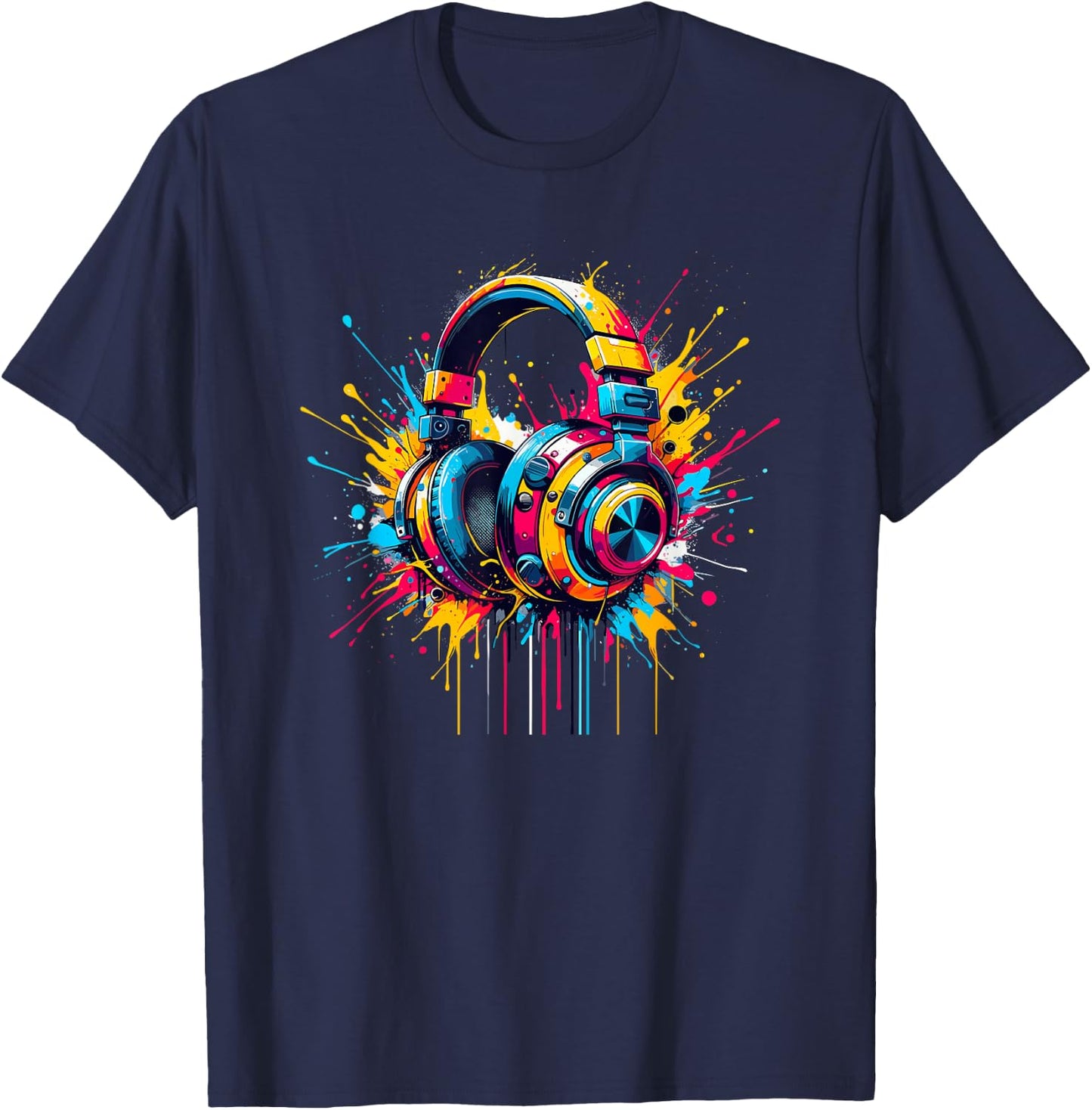 Splash Art Headphones Music Singing Singer Song , Black, S T-Shirt - T-Shirt | Navy