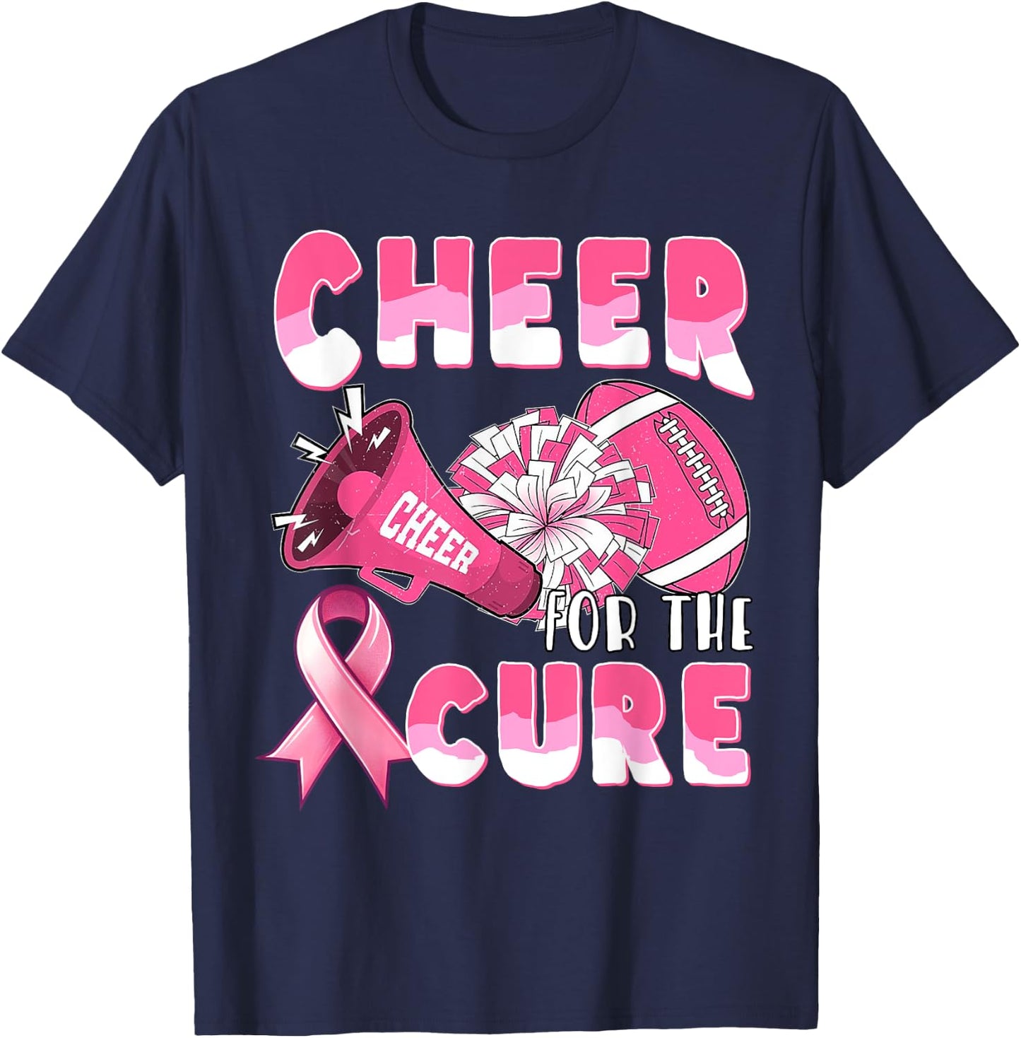Pink Breast Cancer Awareness Cheer for the Cure Football T-Shirt - T-Shirt | Navy