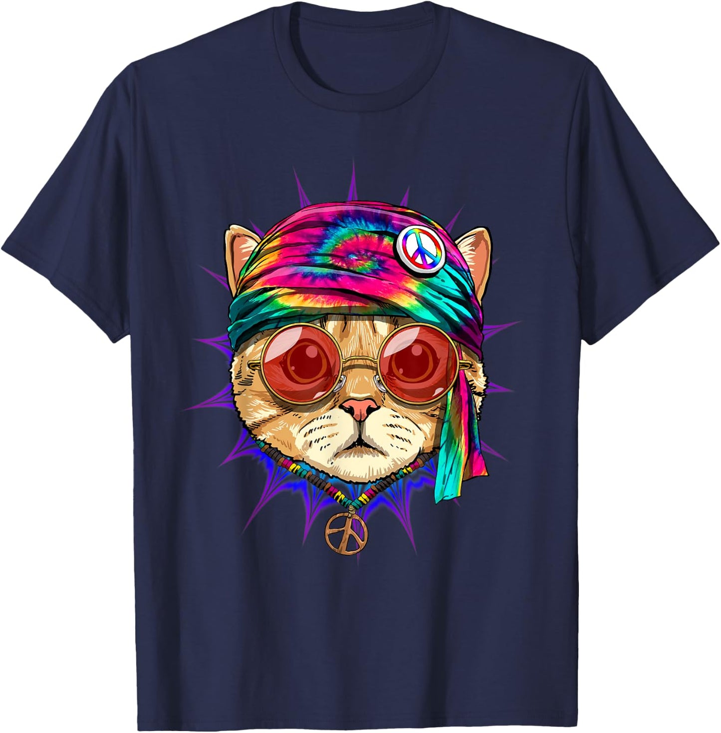 Tie Dye Cat Shirt Hippy Cat Peace Sign Cat Lover T-Shirt - T-Shirt | Navy