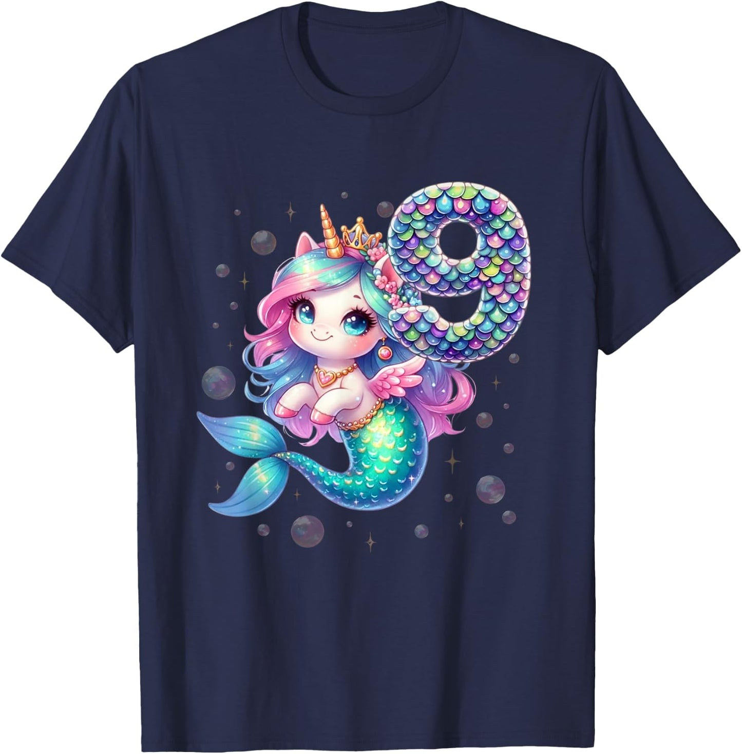 Unicorn Mermaid 9th Birthday 9 Year Old Party Girls Outfit T-Shirt - T-Shirt | Navy