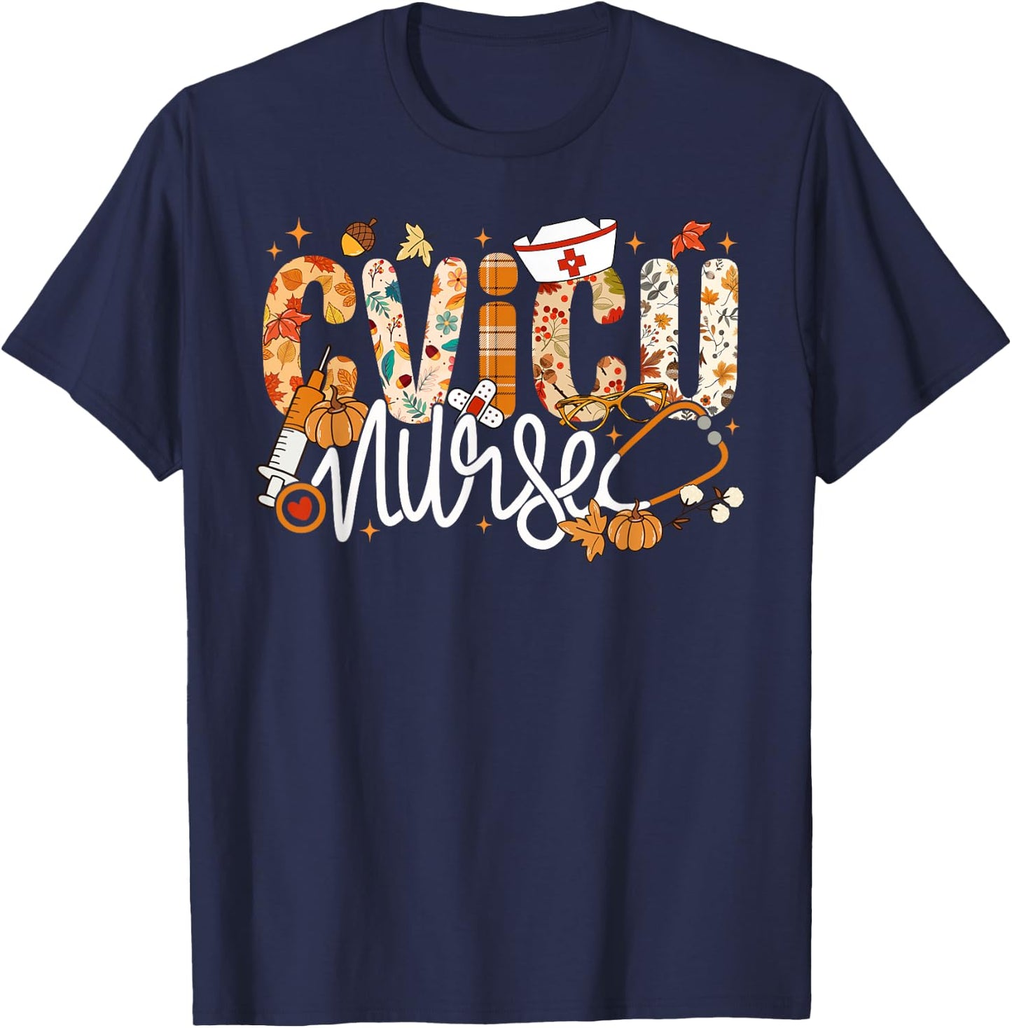 Stethoscope CVICU Nurse Fall Yall Autumn Leaves Thanksgiving T-Shirt - T-Shirt | Navy