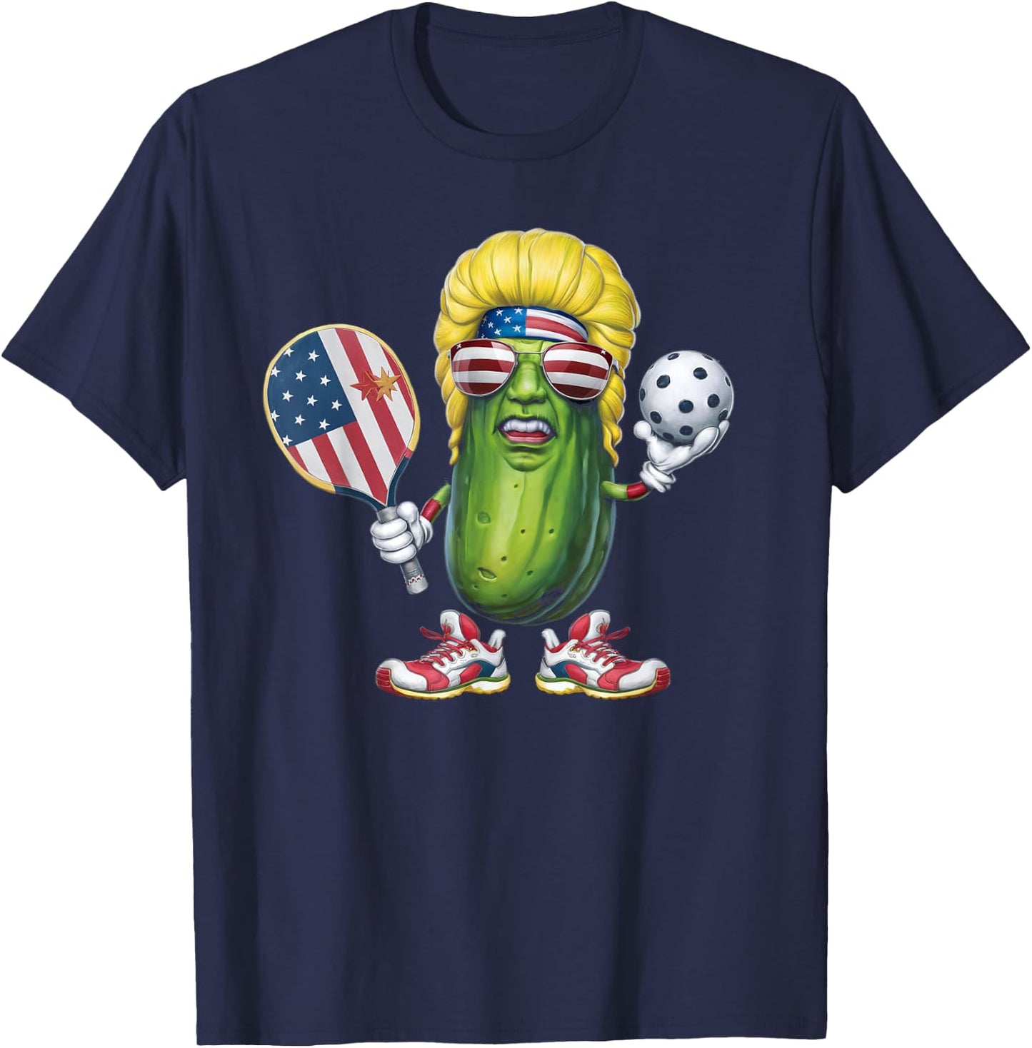 Funny Patriotic Pickle Player Playing Pickleball Game Trump T-Shirt - T-Shirt | Navy