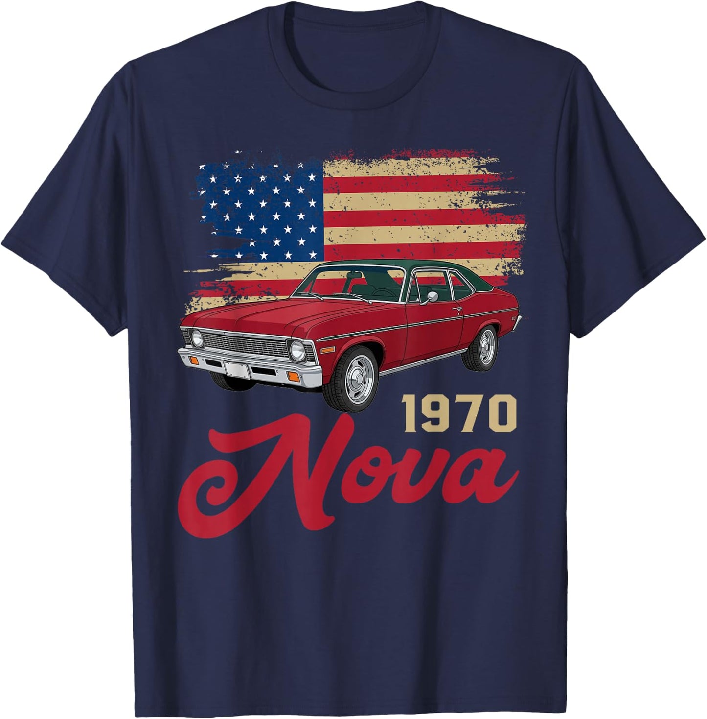 American Flag 1970 70 Nova Silhouette Muscle Car T-Shirt - T-Shirt | Navy